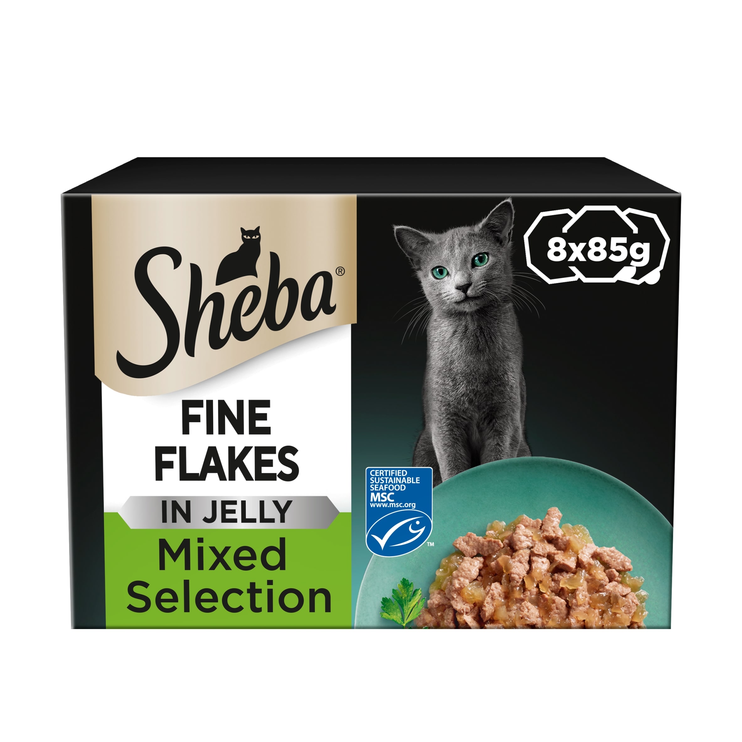 Sheba Fine Flakes Wet Cat Food Trays Chicken & Salmon Jelly 8x85g