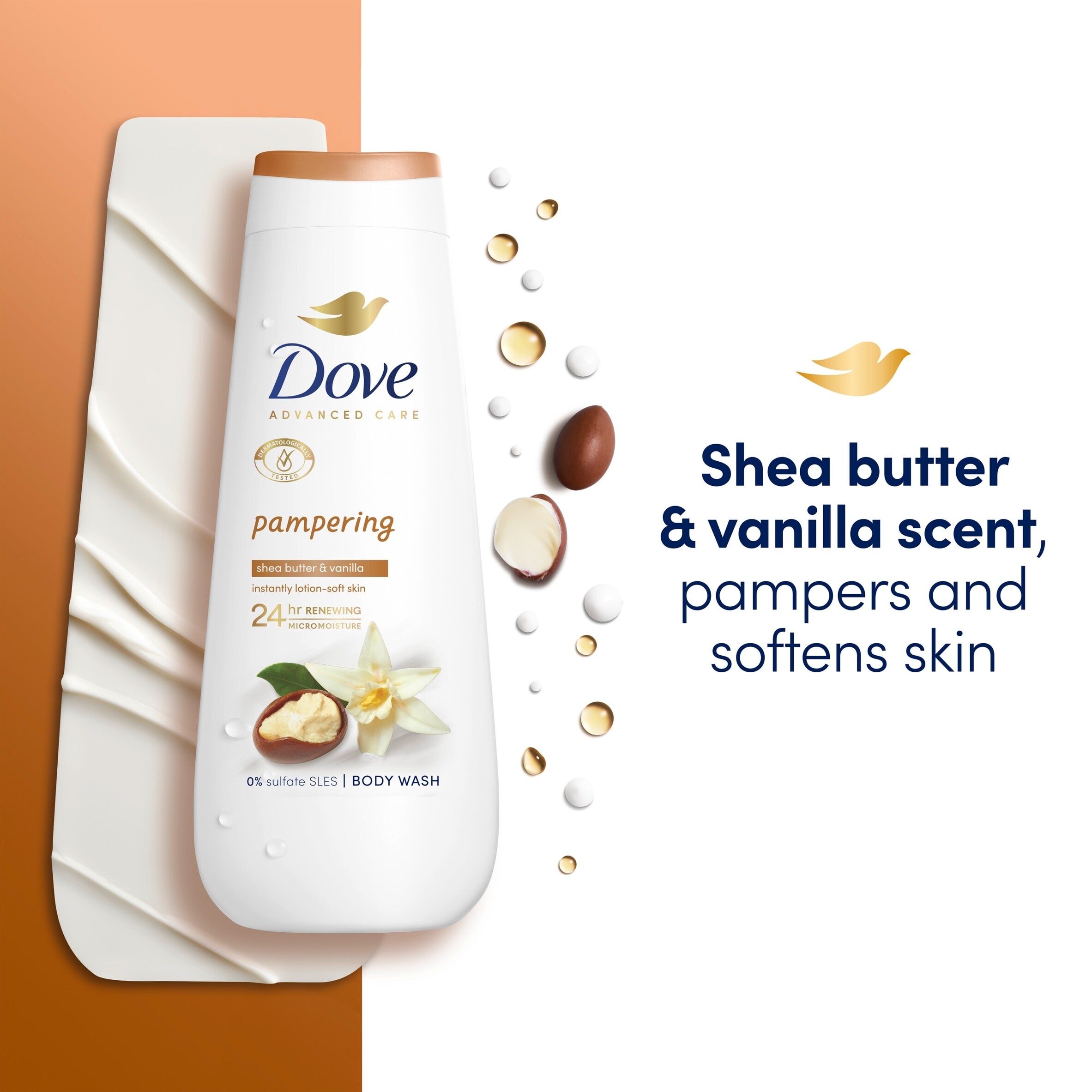 Dove Pampering 24hr Moisturisation Advanced Care Body Wash Shower Gel Shea Butter & Vanilla 400ml thumbnail 2