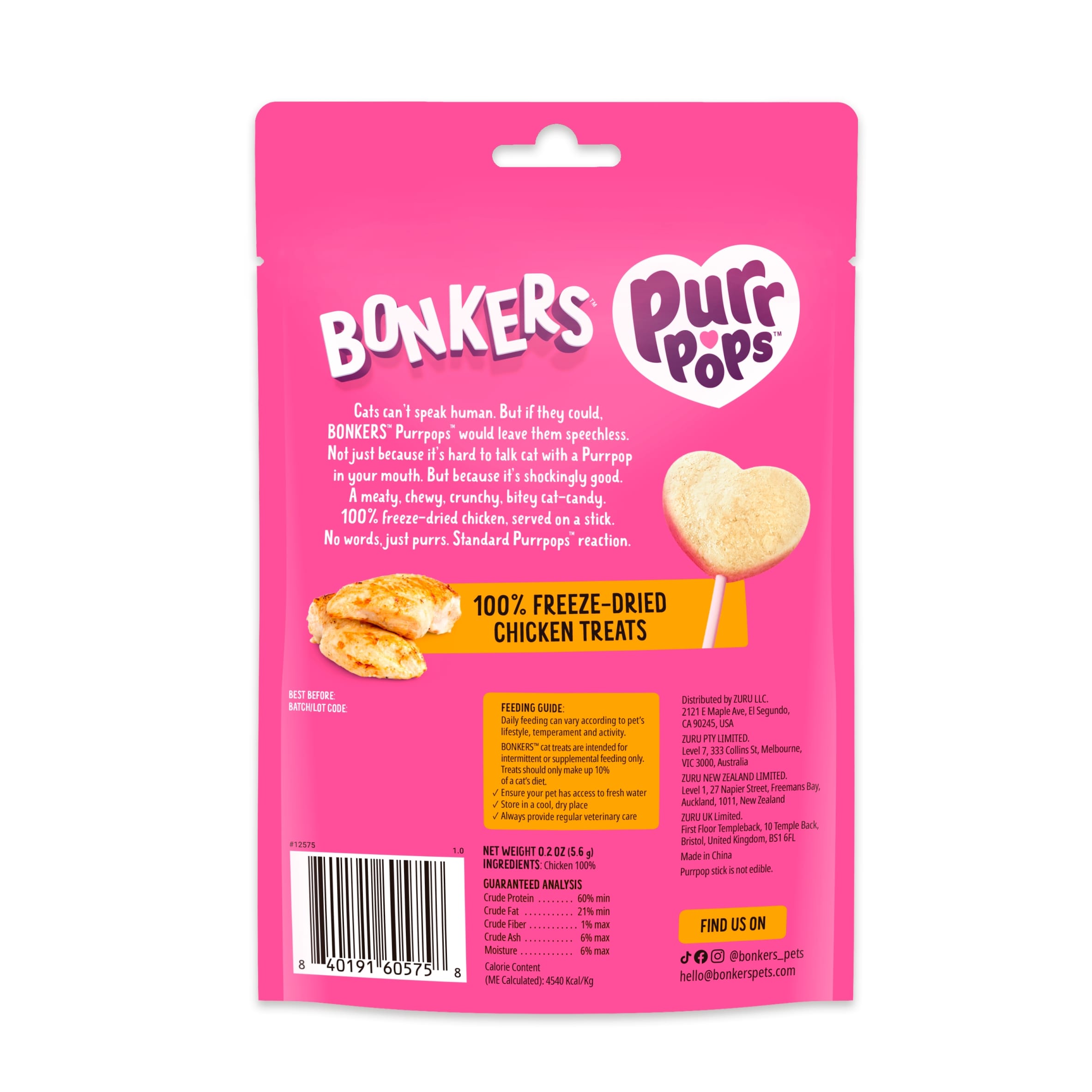 Bonkers Purrpops Freeze Dried Chicky Licks Chicken Cat Treats 4 Pack 5.6g thumbnail 2