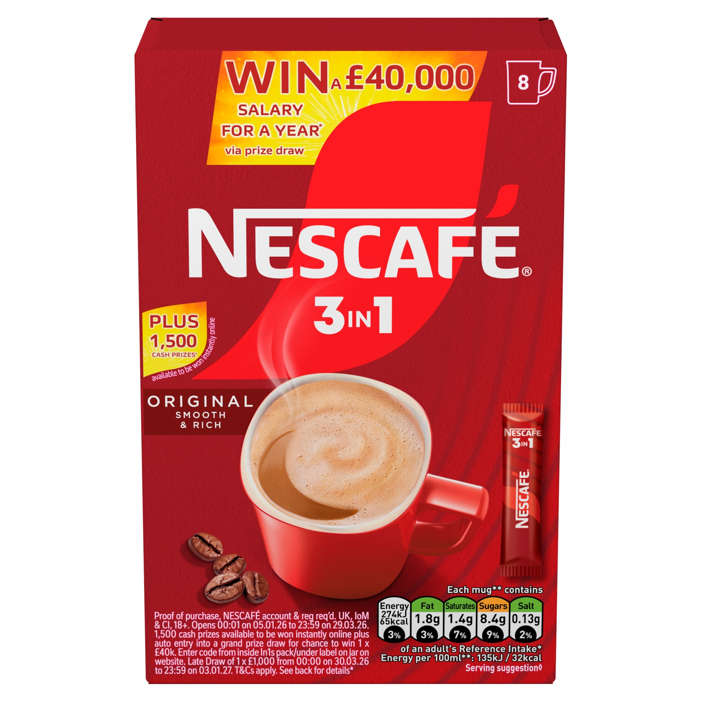 Nescafe 3 in 1 Original Coffee Sachets 8 x 16g thumbnail 2