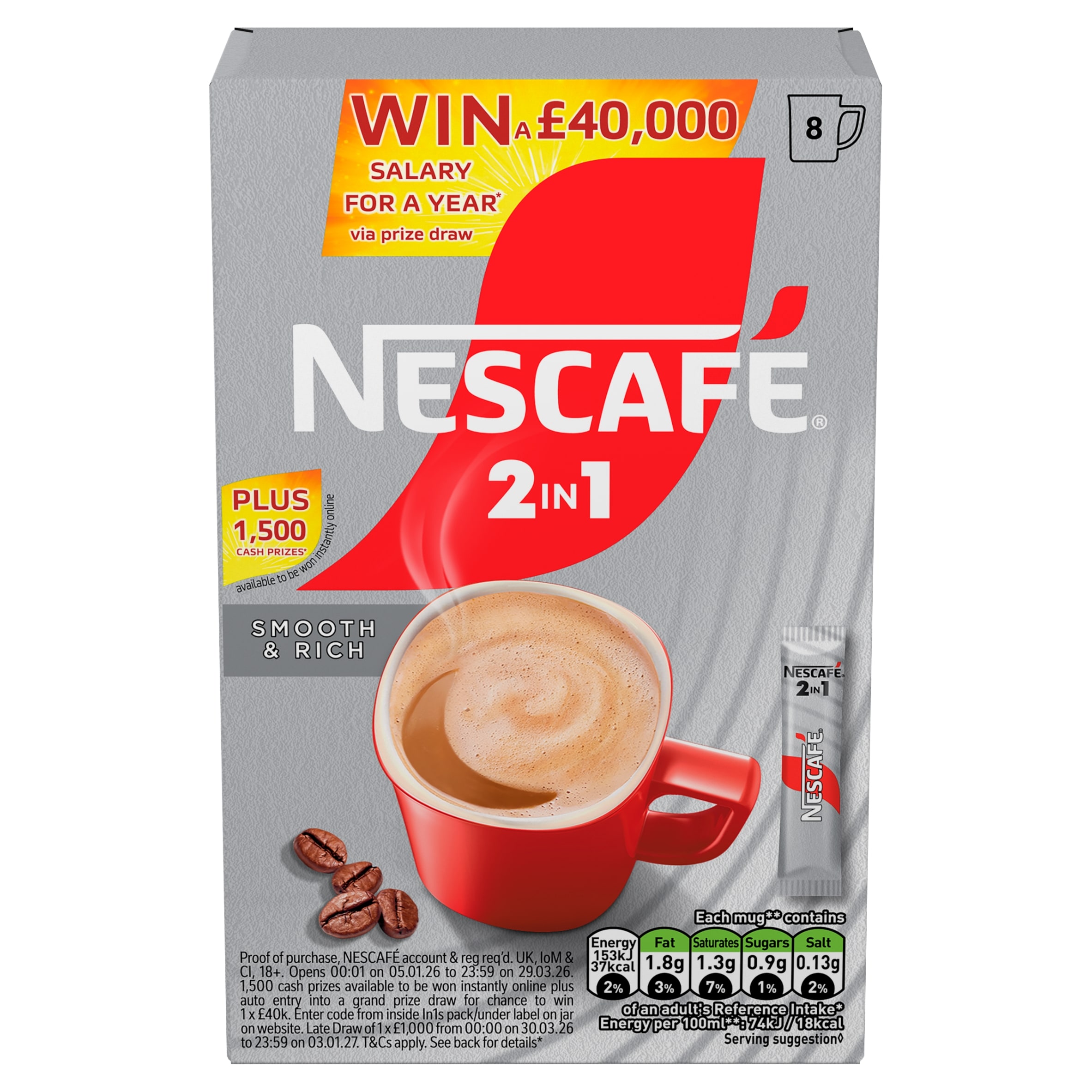 Nescafe 2 in 1 Coffee Sachets 8 x 9g (72g) thumbnail 2