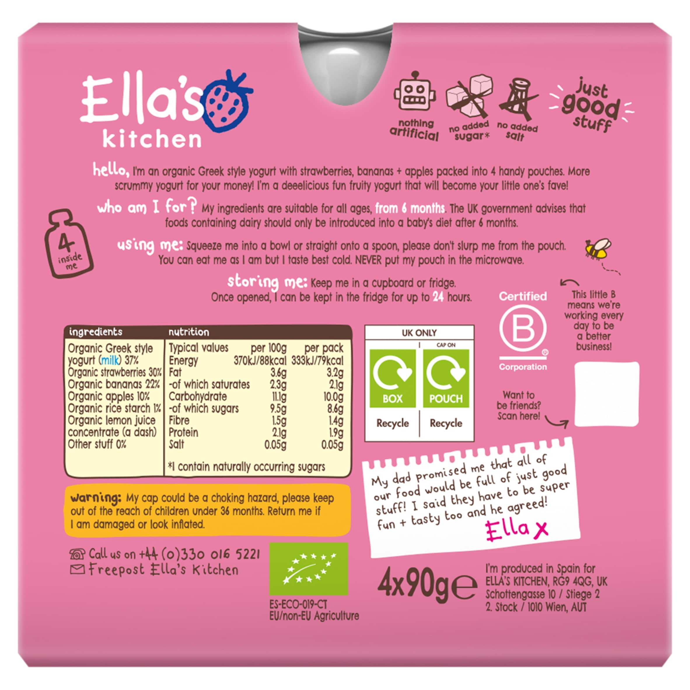 Ella's Kitchen Organic Greek style strawberry yogurt 4x90g thumbnail 2