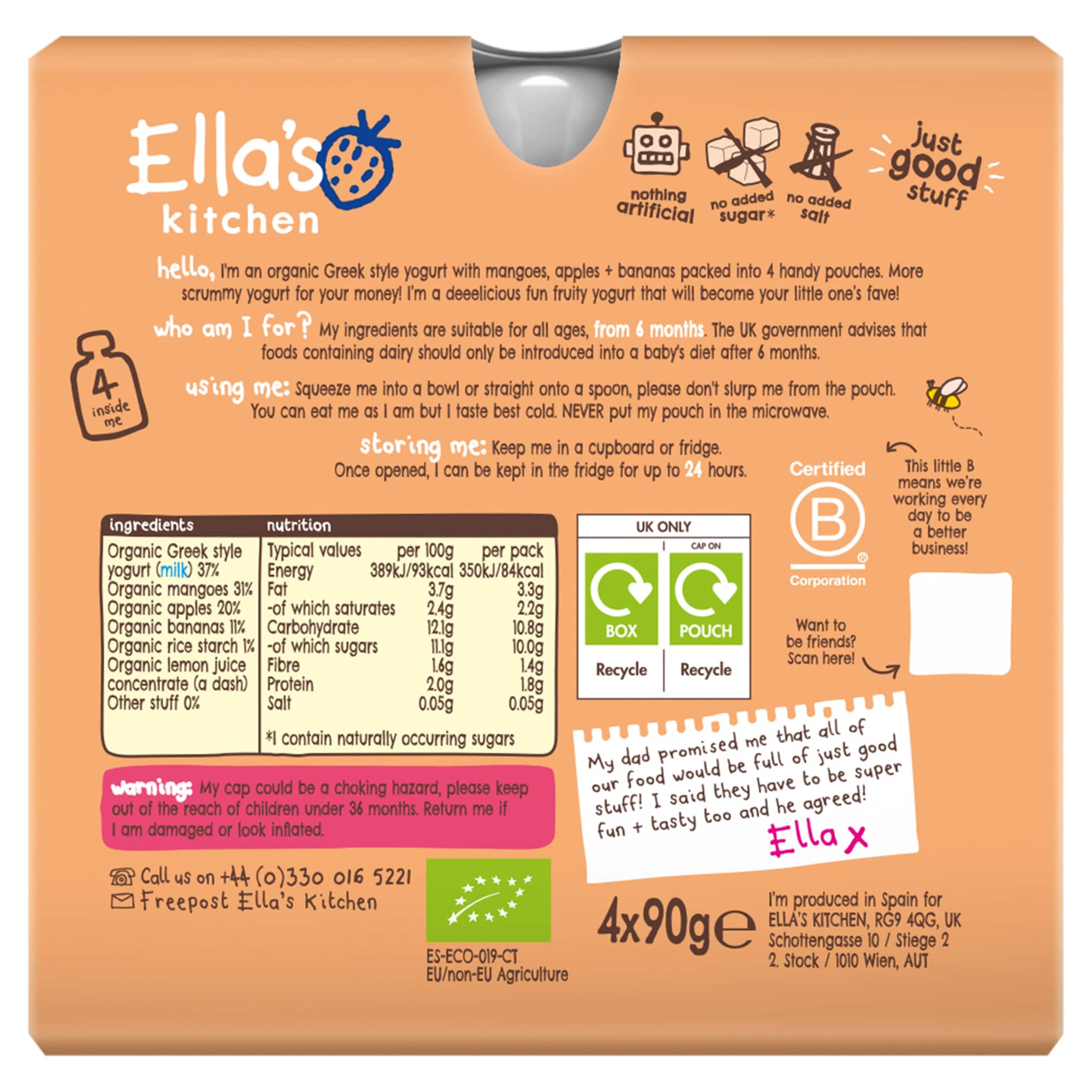 Ella's Kitchen Organic greek style mango yogurt 4x90g thumbnail 2