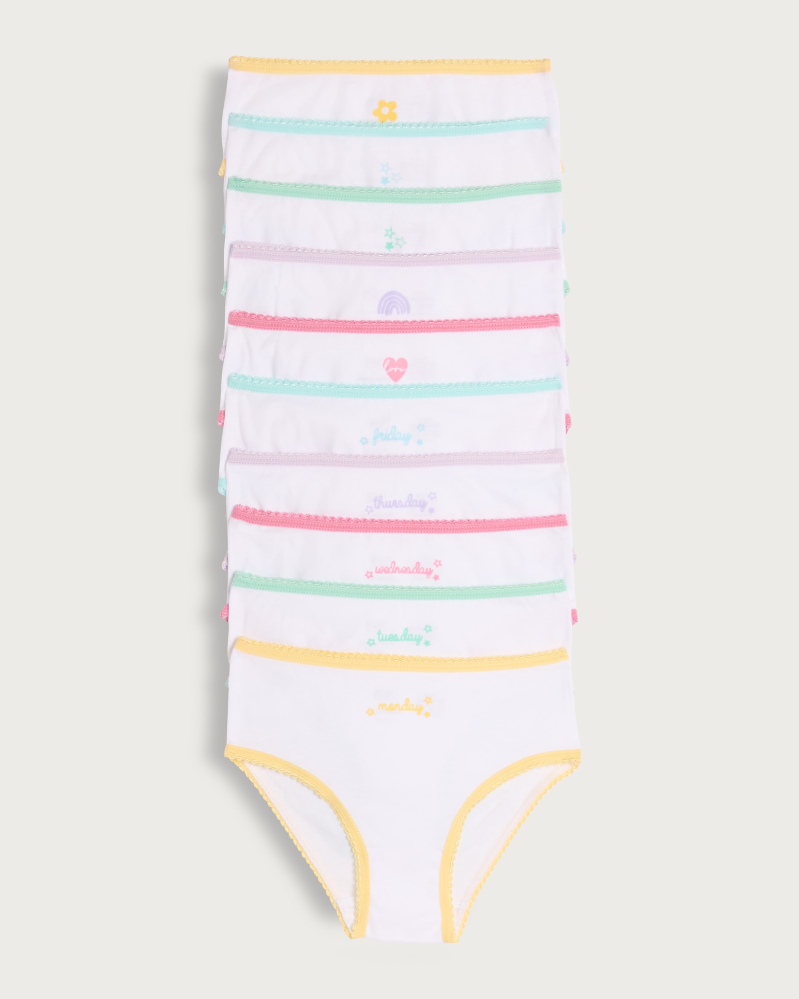 F&F Girls 10-Pack Pure Cotton Days of the Week Briefs in White