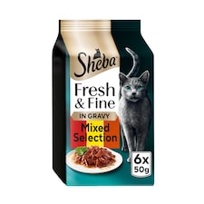 SHEBA Fresh & Fine Wet Cat Food Pouches with Beef & Chicken & Lamb in Gravy 6x50g