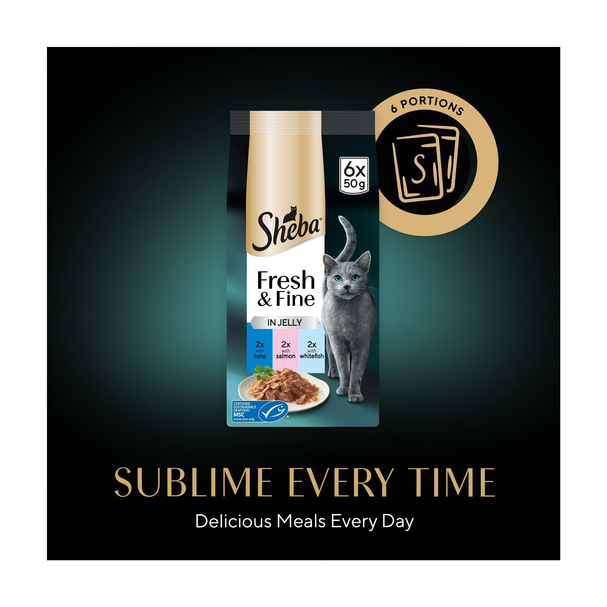 SHEBA Fresh & Fine Wet Cat Food Pouches with Tuna & Salmon & Whitefish in Jelly 6x50g thumbnail 4