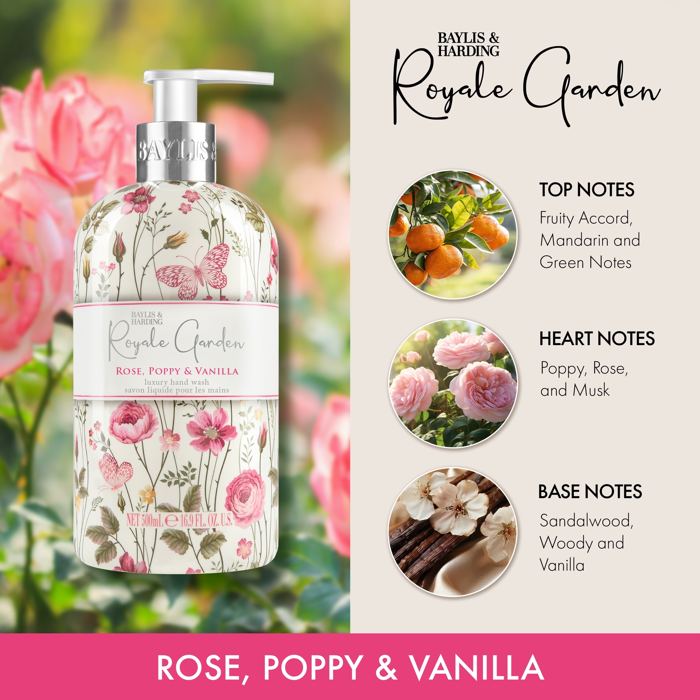 Baylis & Harding Royale Garden Rose Poppy & Vanilla Hand Wash 500ml thumbnail 2