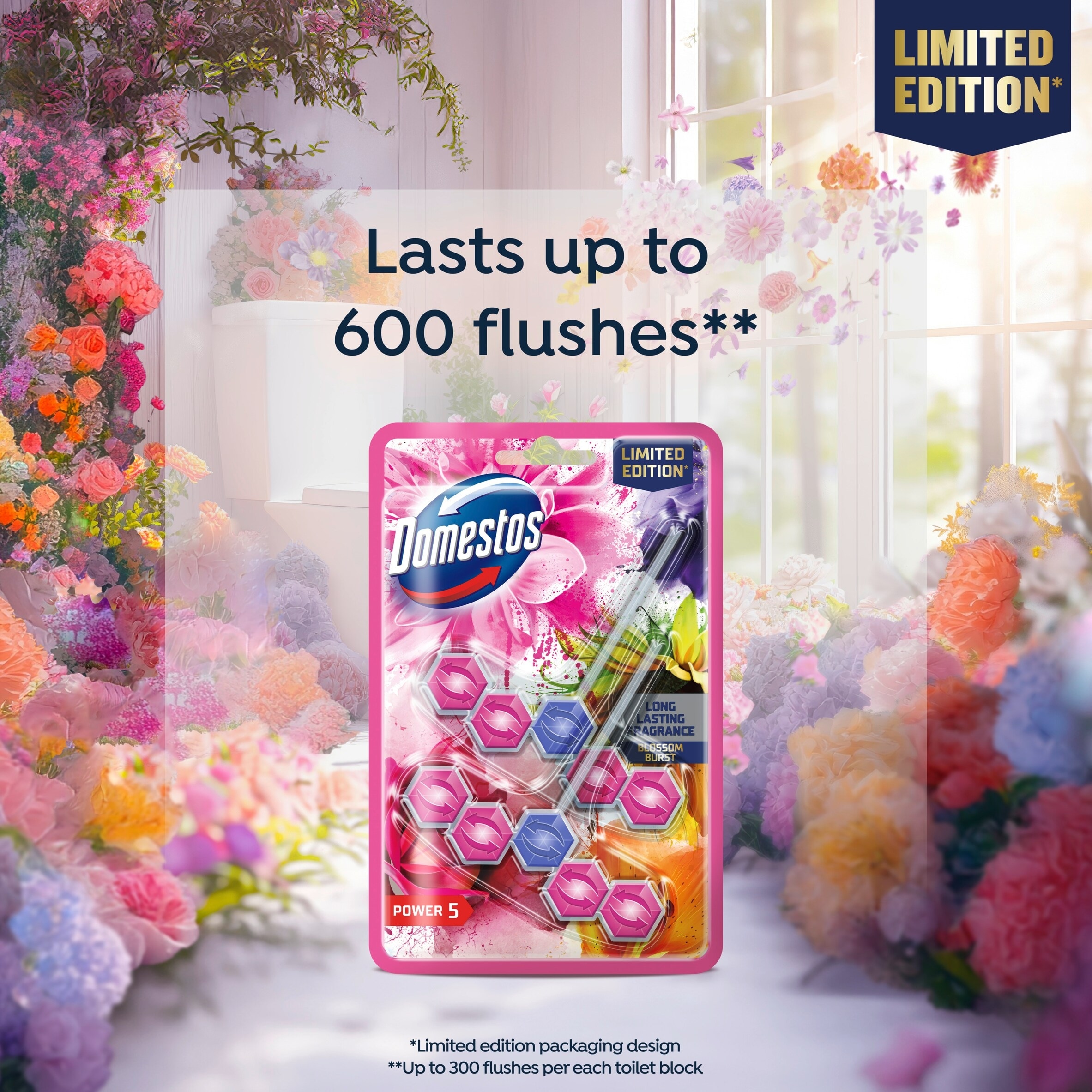Domestos Power 5 Toilet Rim Block Blossom Burst 2x50g thumbnail 2