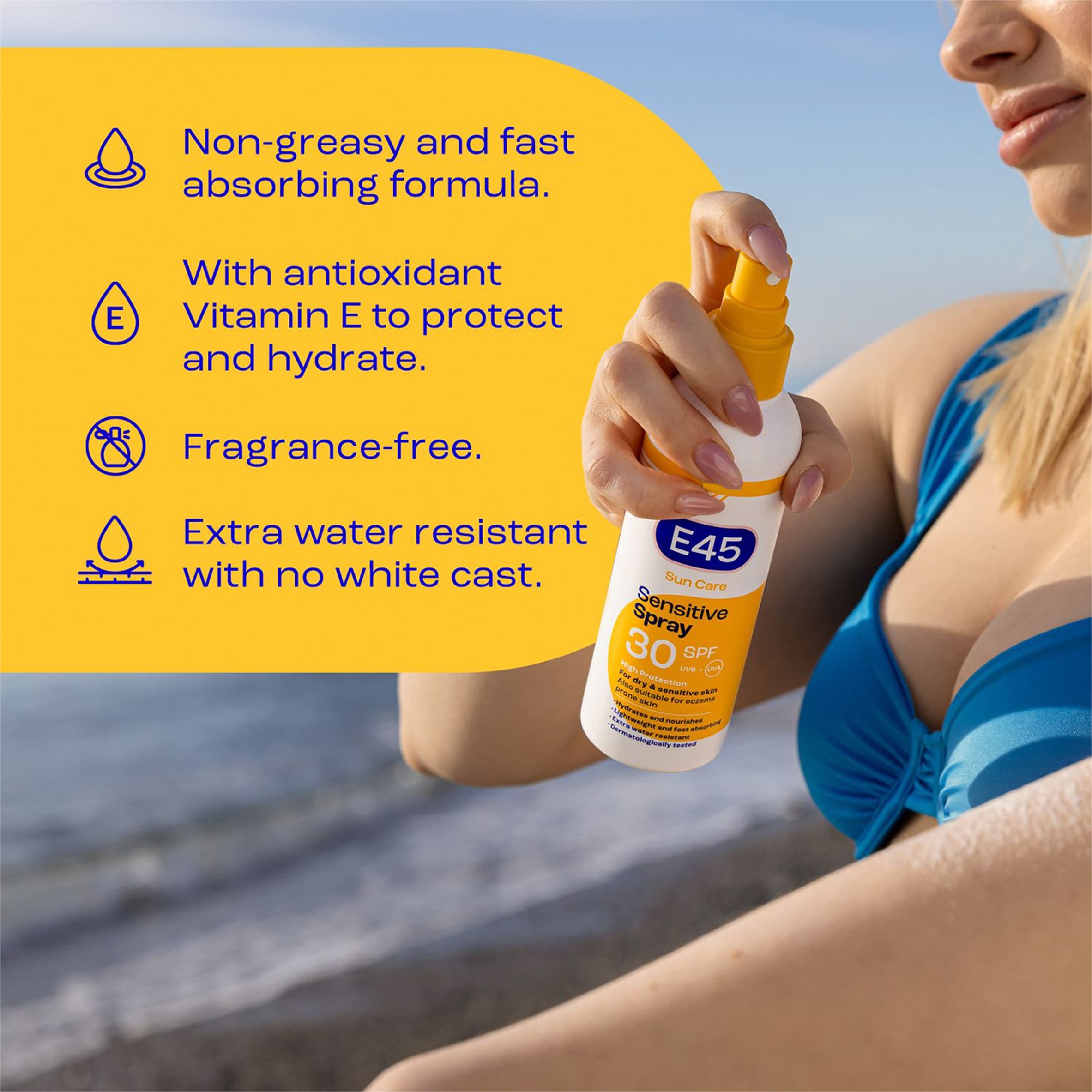 E45 Sun Care Sensitive Sun Cream Spray SPF30 180ml thumbnail 2