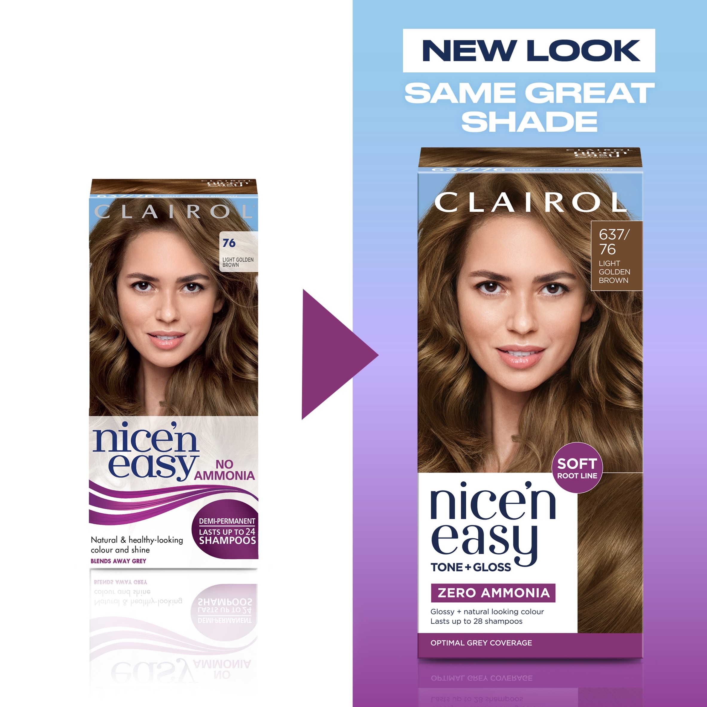 CLAIROL NICE'N EASY TONE+GLOSS SEMI PERMANENT HAIR DYE - 637/76 LIGHT GOLDEN BROWN thumbnail 2