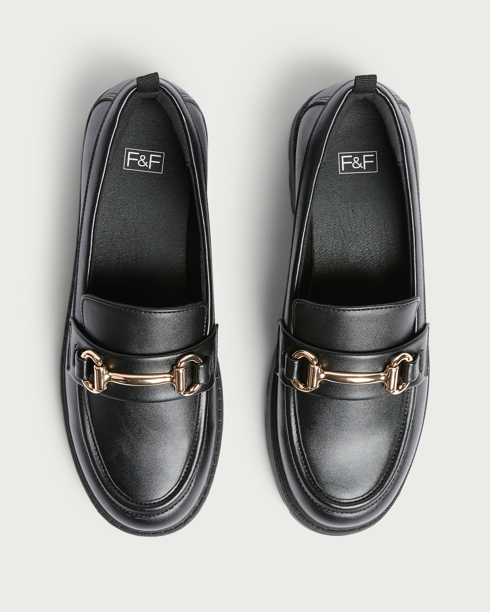 F&F School Girls Gold Trim Loafers in Black thumbnail 2