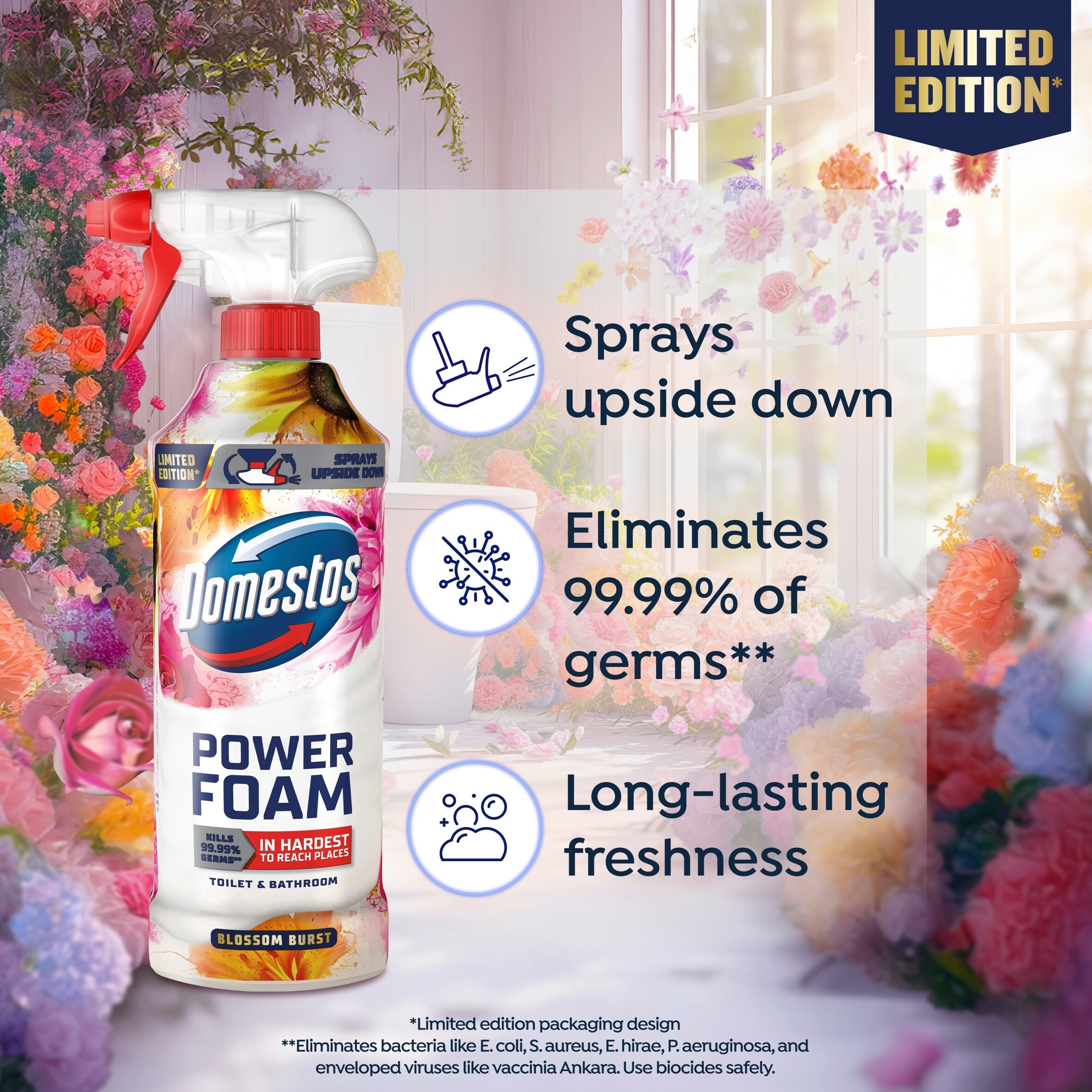 Domestos Power Foam Toilet and Bathroom Cleaner Blossom Burst Limited Edition 450ml thumbnail 3