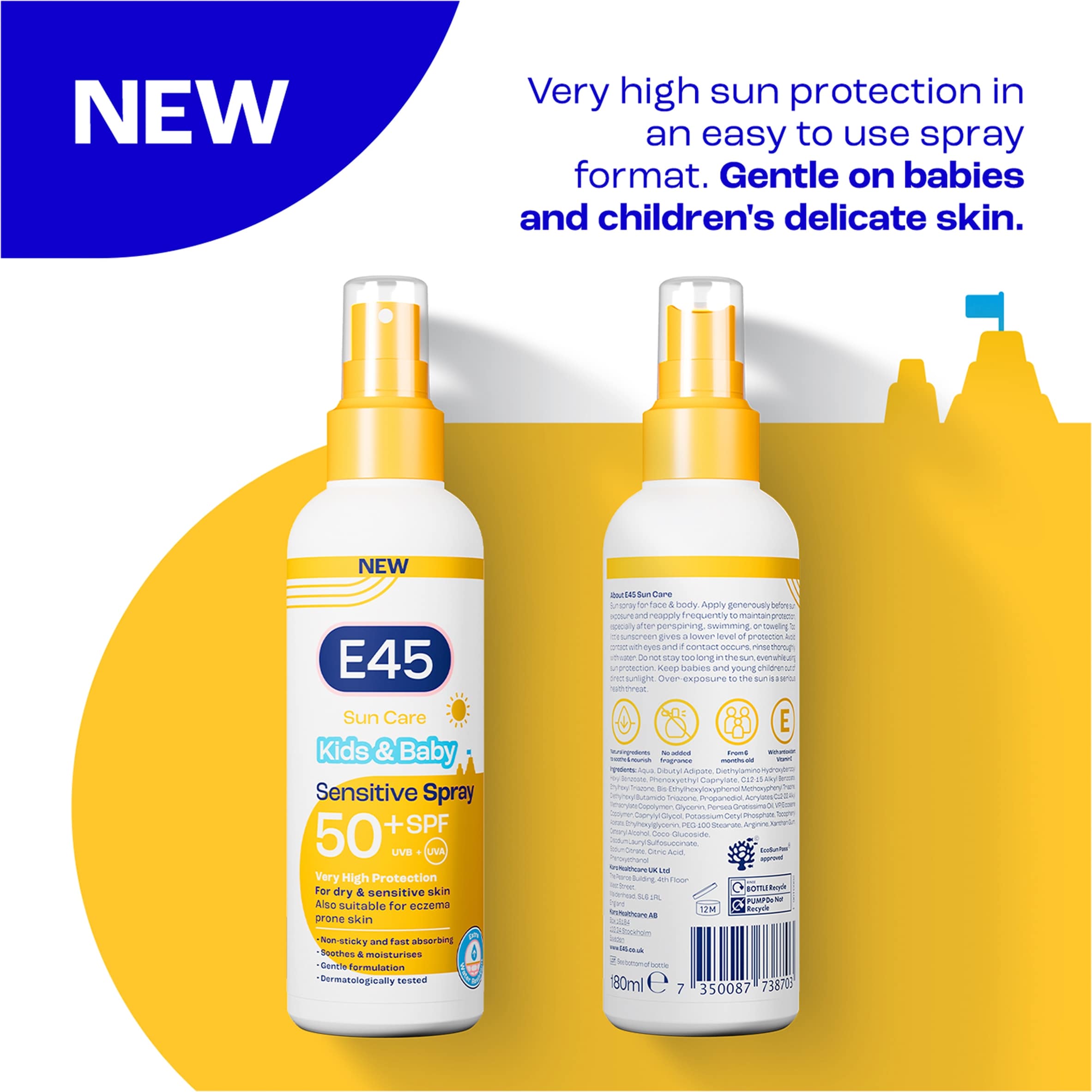 E45 Sun Care Kids & Baby Sensitive SPF50+ Sun Cream Spray 180ml thumbnail 2