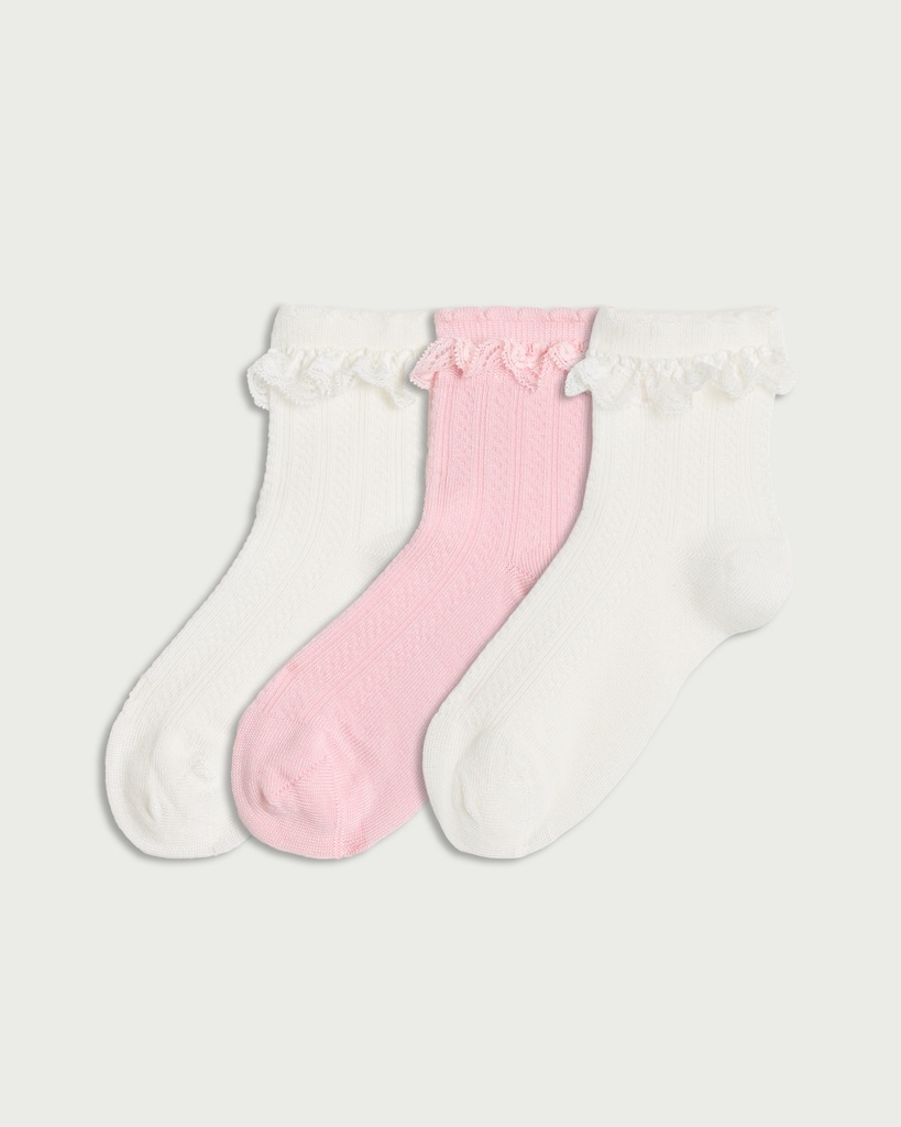 F&F Girls 3-Pack Textured Frilly Trim Socks in White