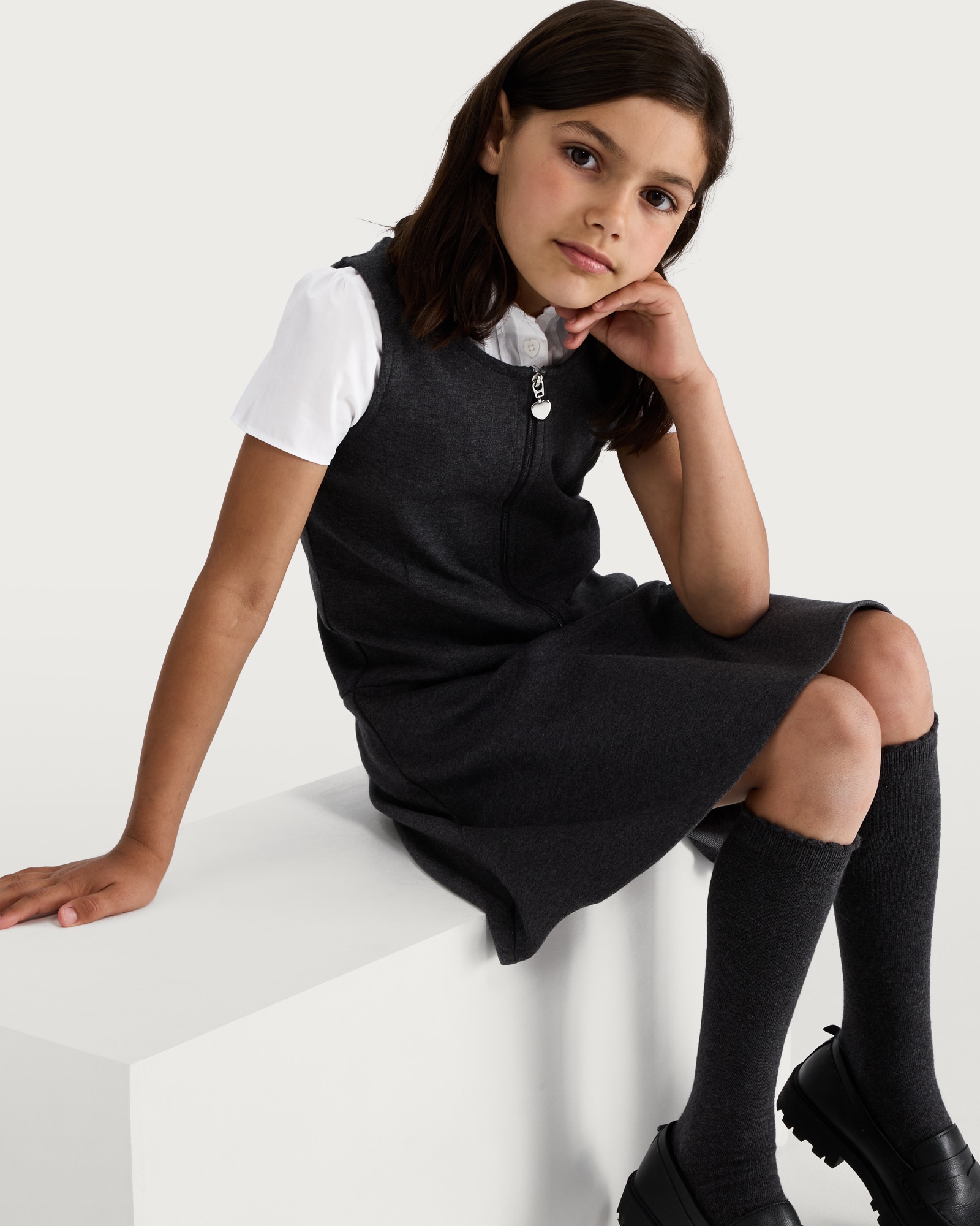 F&F School Girls 2-Pack Cotton Rich Regular Fit Pinafores in Grey thumbnail 2