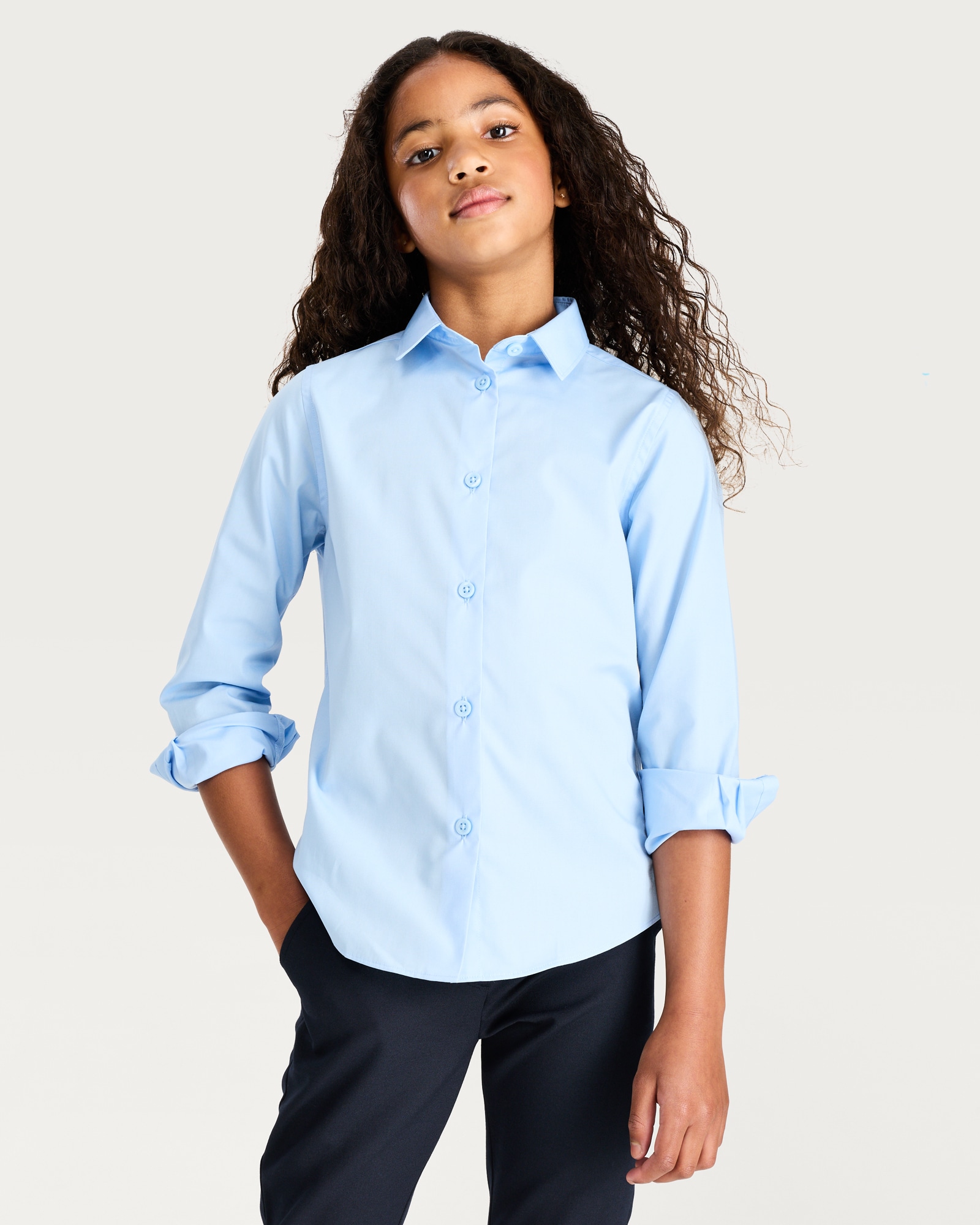F&F School Girls 3-Pack Regular Fit Long Sleeved Shirts in Blue thumbnail 2