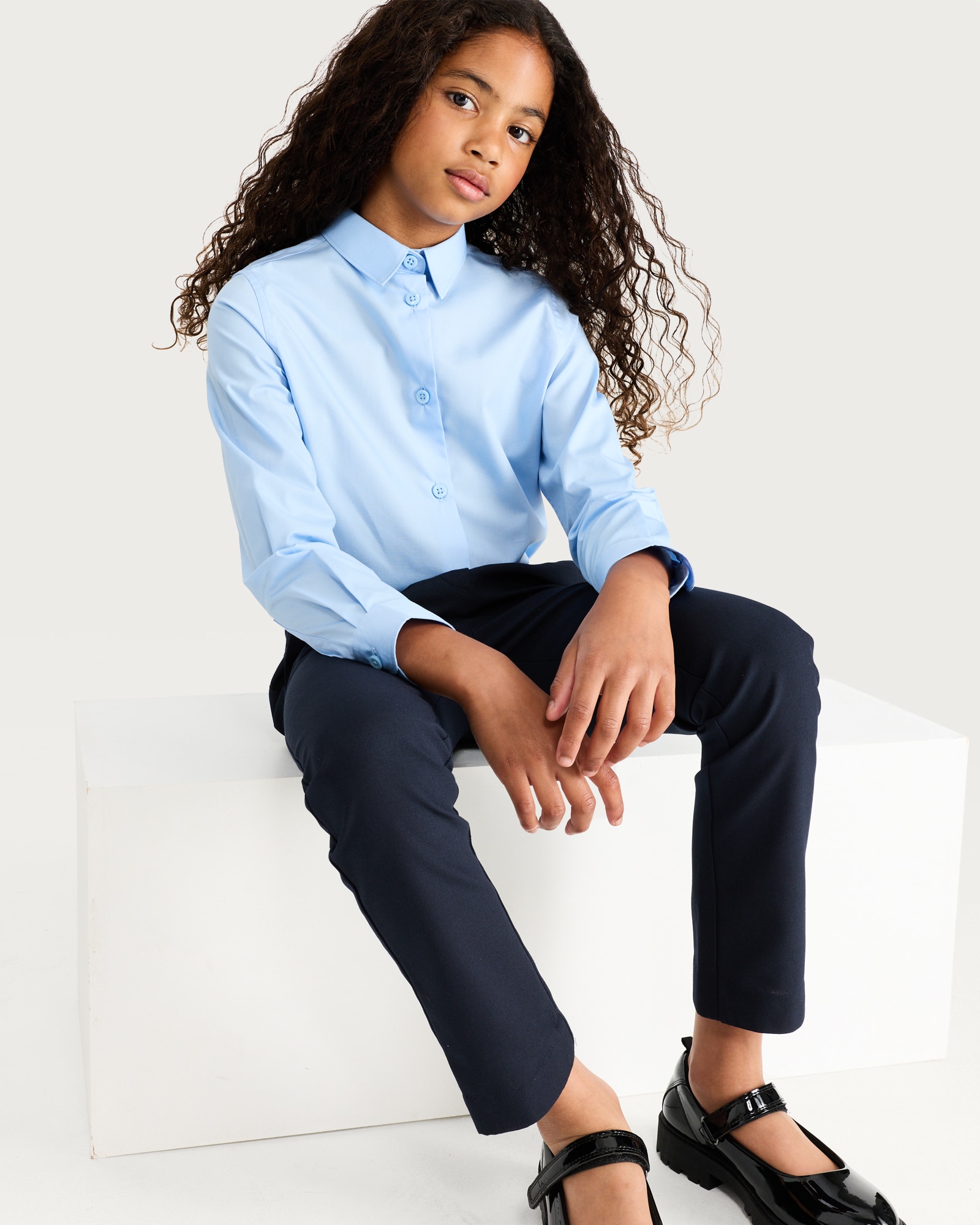 F&F School Girls 3-Pack Regular Fit Long Sleeved Shirts in Blue