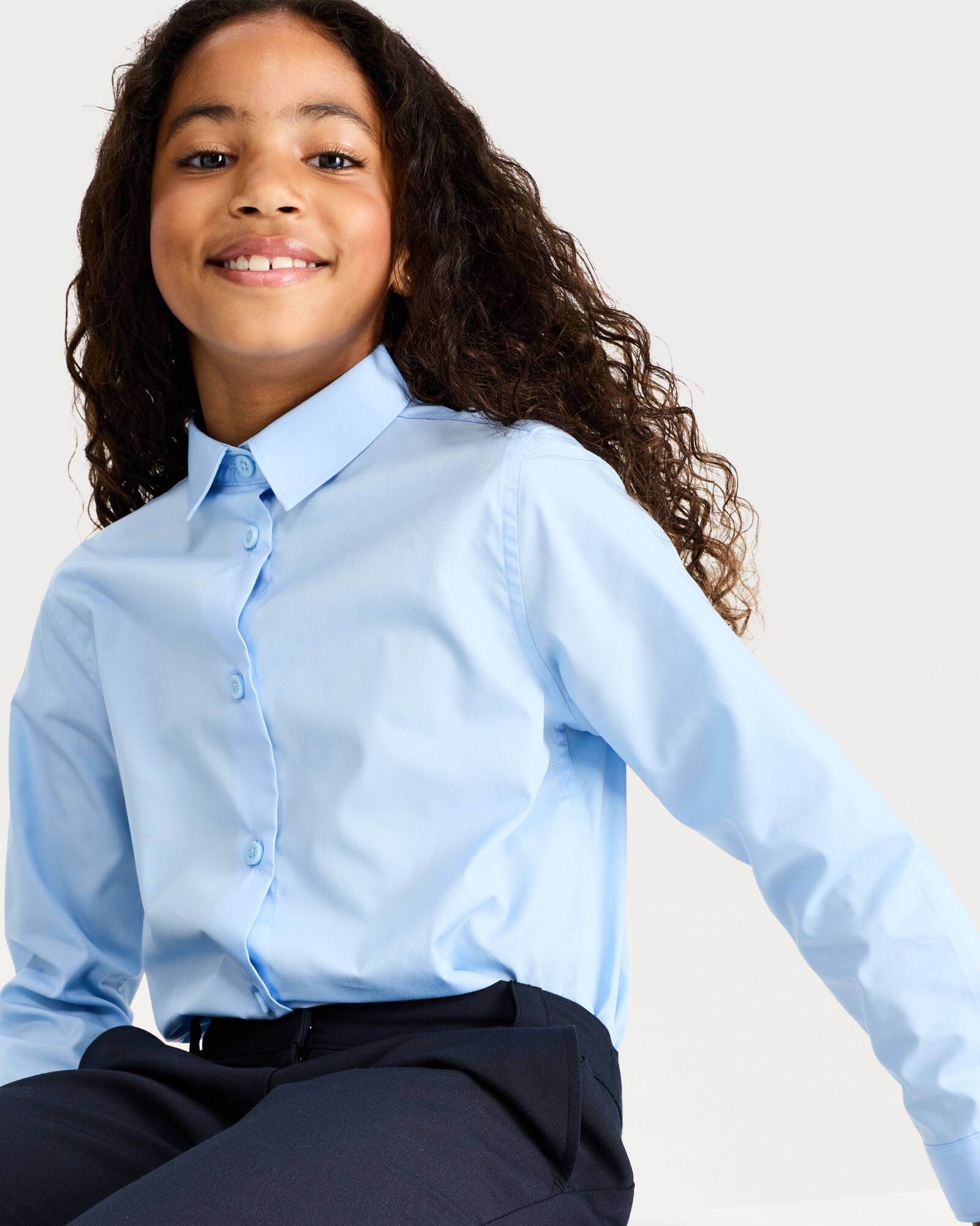 F&F School Girls 3-Pack Regular Fit Long Sleeved Shirts in Blue thumbnail 4