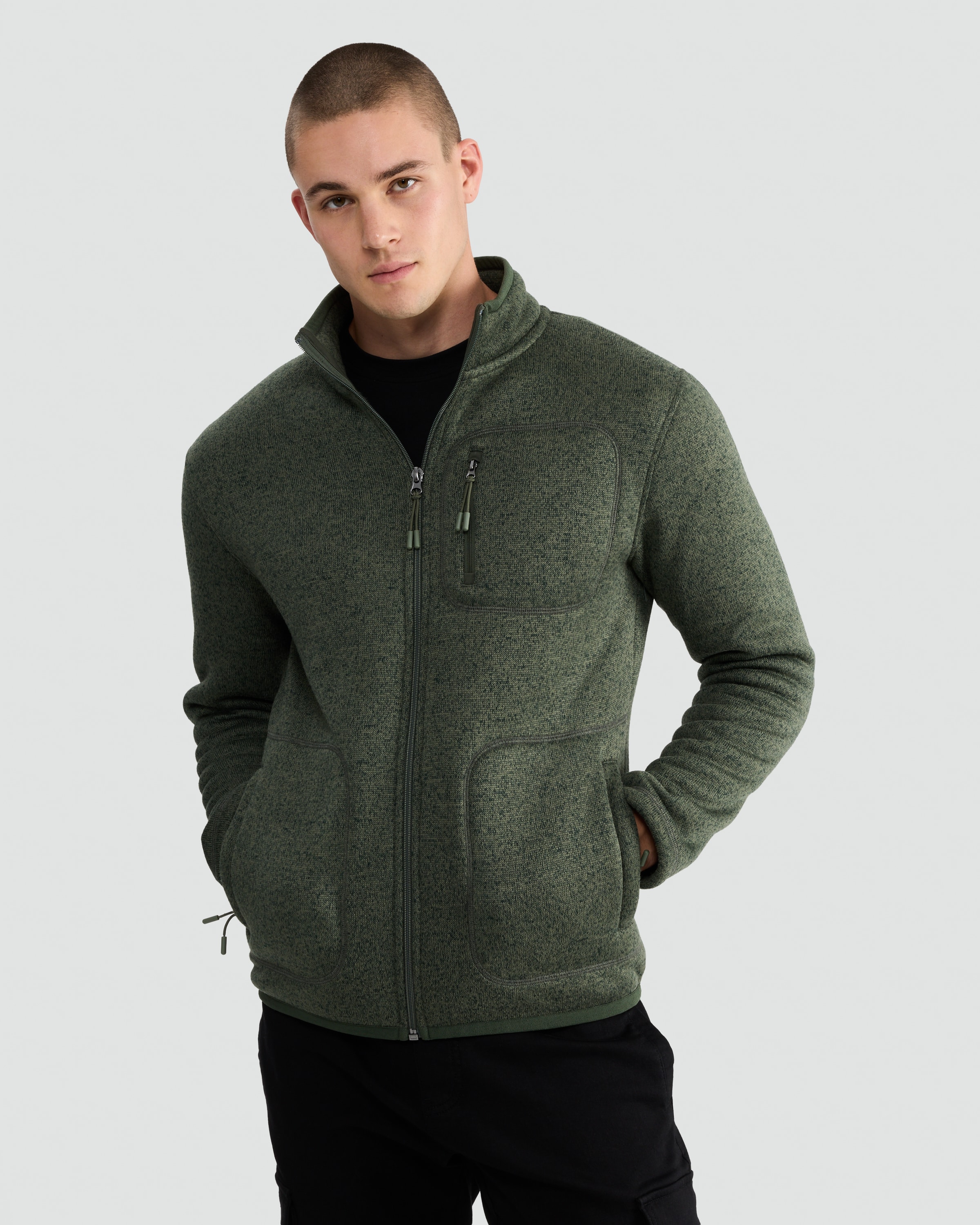 F&F Fleece Snit Textured Zip Pocket Jacket in Khaki