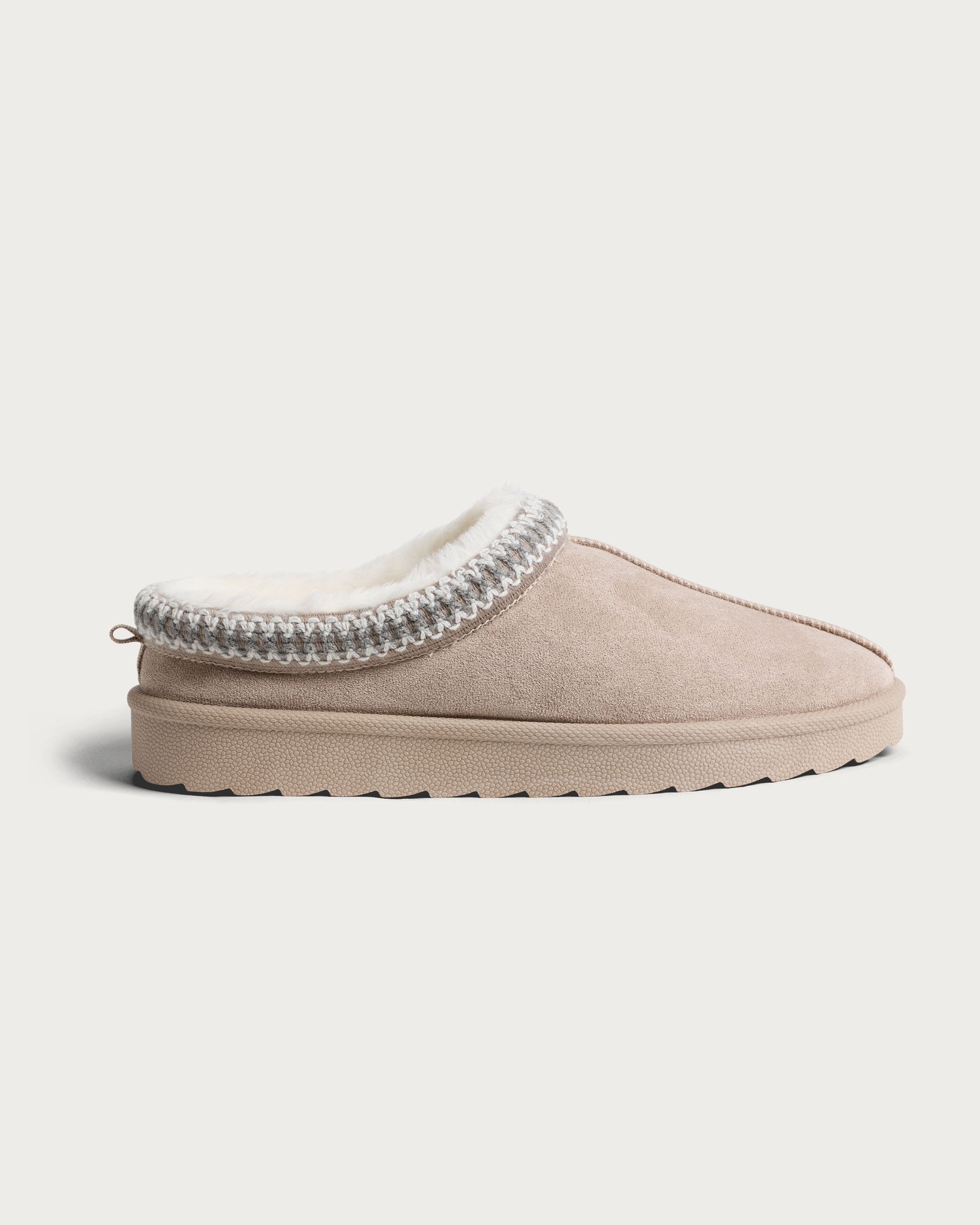 F&F Faux Fur Lined Embroidered Mule Slippers in Beige