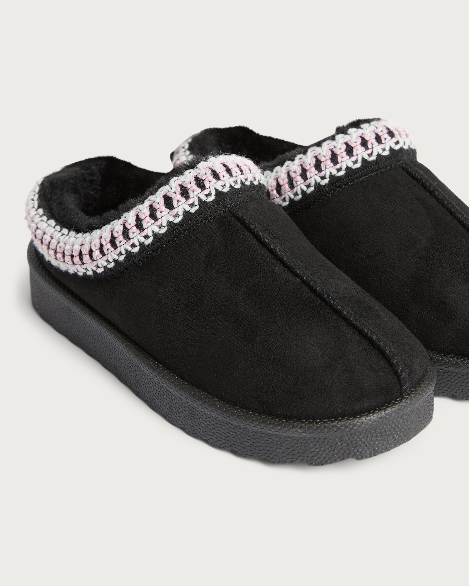 F&F Girls Woven Trim Faux Fur Lined Chunky Slippers in Black thumbnail 3