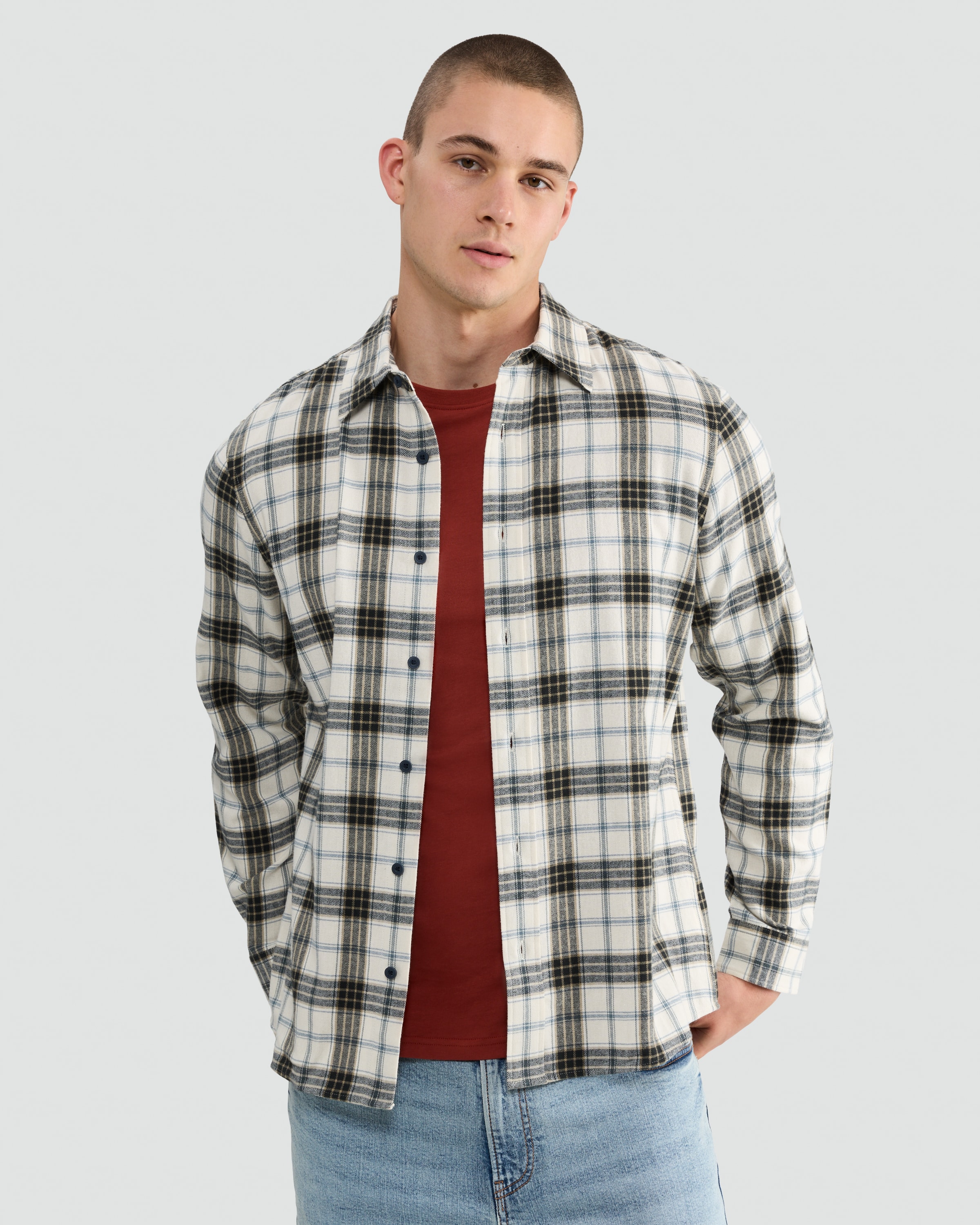 F&F Pure Cotton Check Print Long Sleeved Shirt in Cream