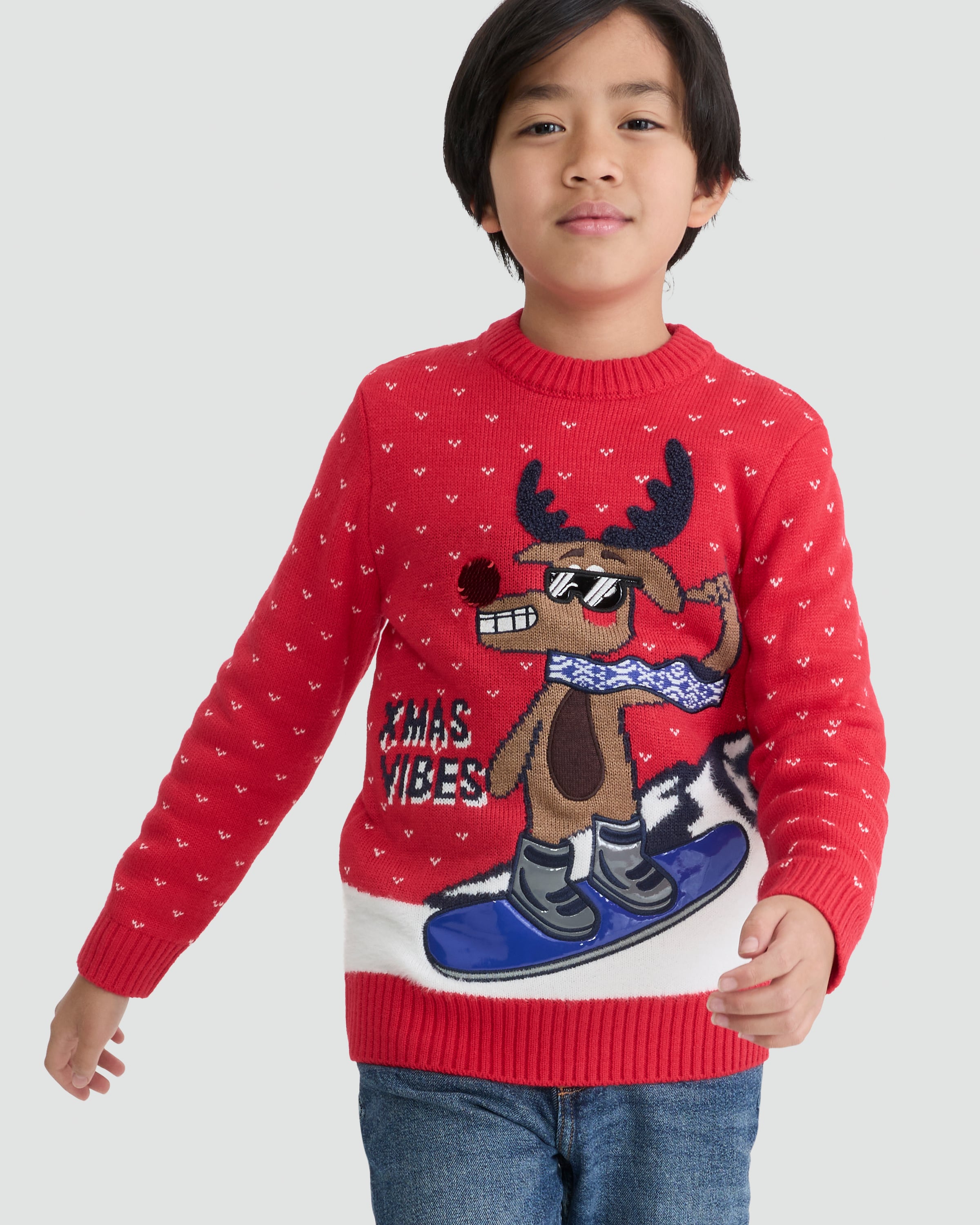 F&F Boys Knitted Xmas Vibes Slogan Jumper in Red