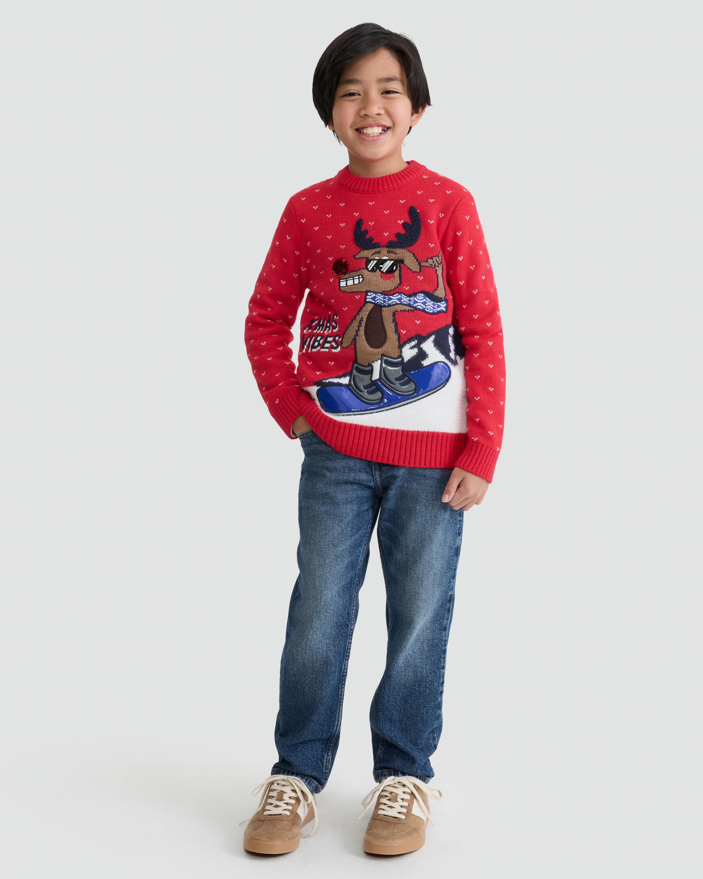 F&F Boys Knitted Xmas Vibes Slogan Jumper in Red thumbnail 3