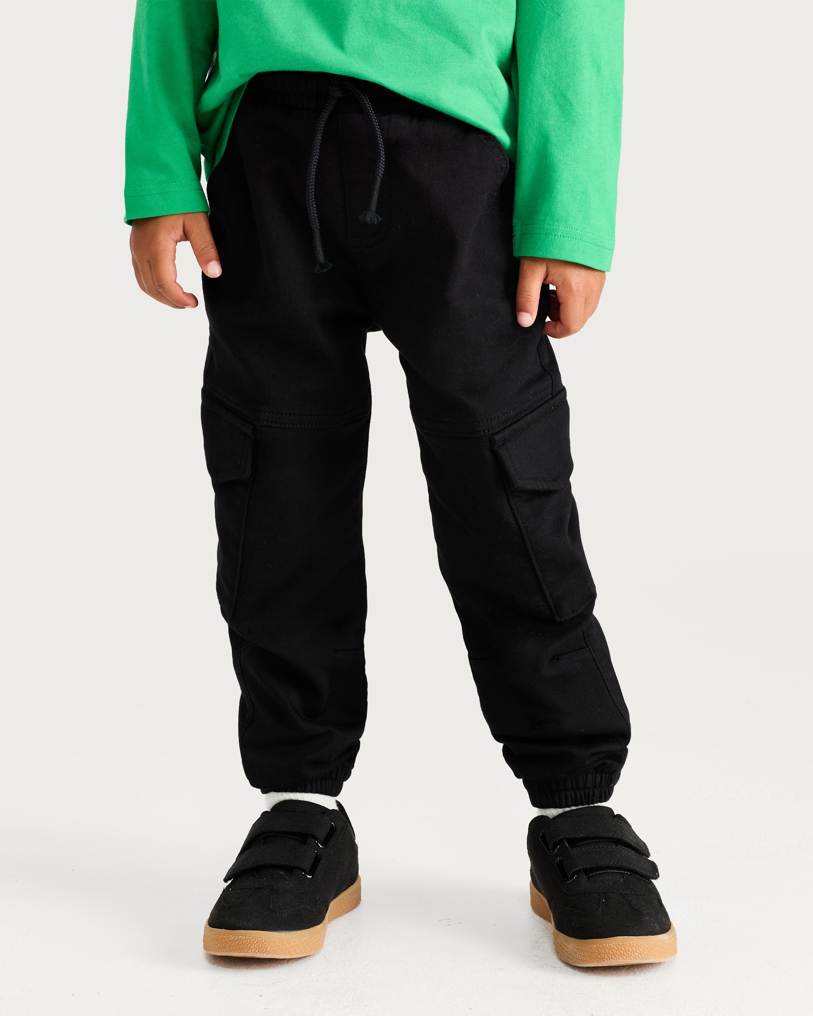 F&F Boys Cotton Rich Cuffed Fit Cargo Trousers in Black