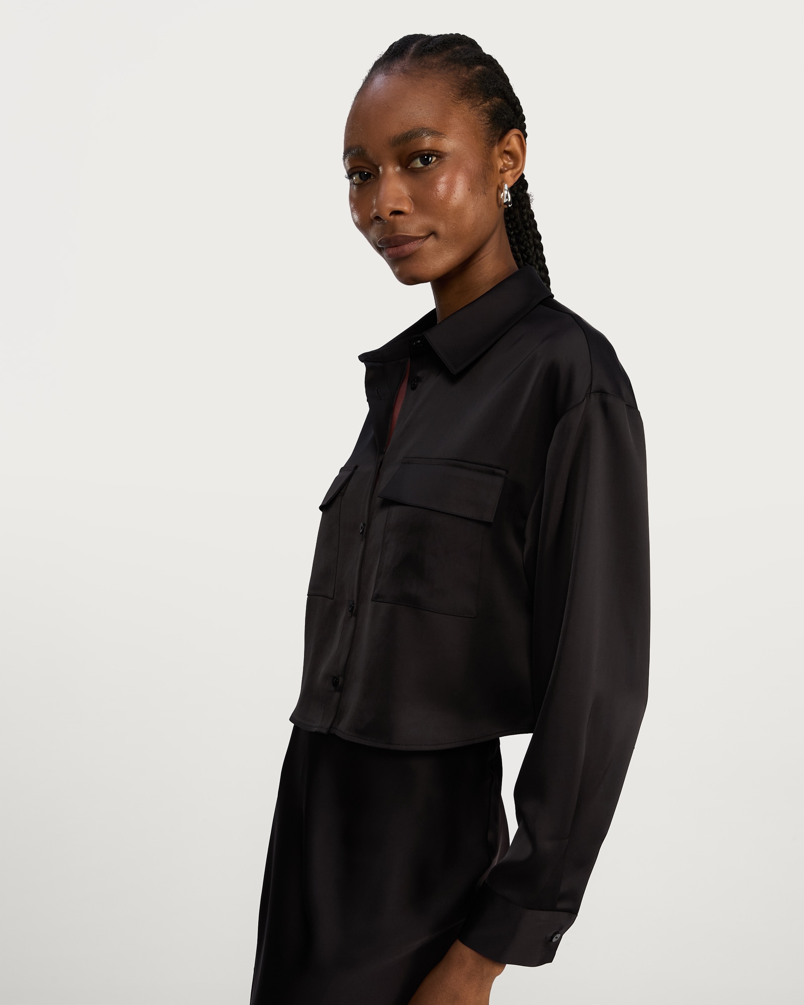 F&F Satin Pocket Detail Cropped Button Up Shirt in Black thumbnail 2