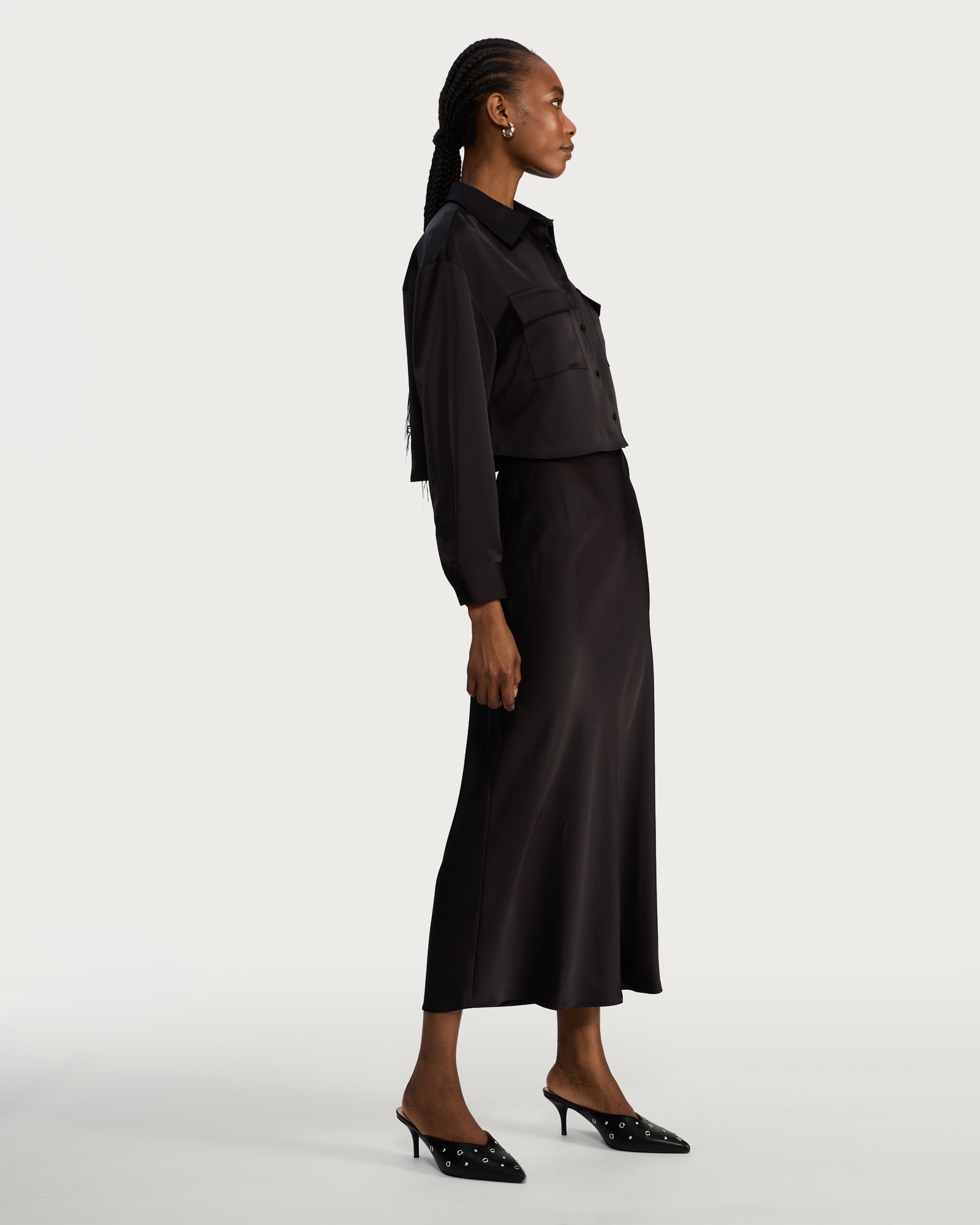 F&F Satin Pocket Detail Cropped Button Up Shirt in Black thumbnail 3