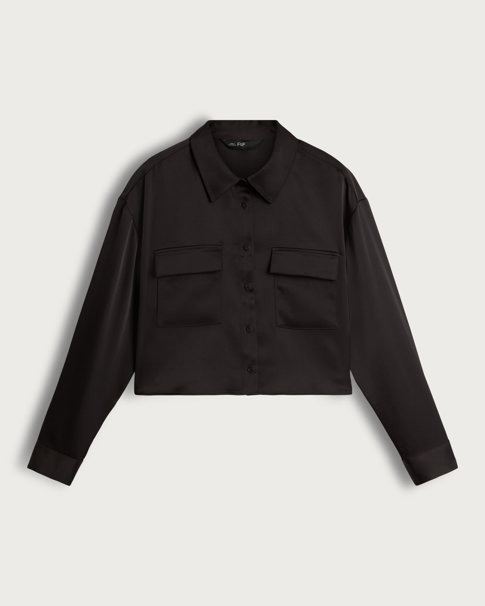 F&F Satin Pocket Detail Cropped Button Up Shirt in Black thumbnail 5
