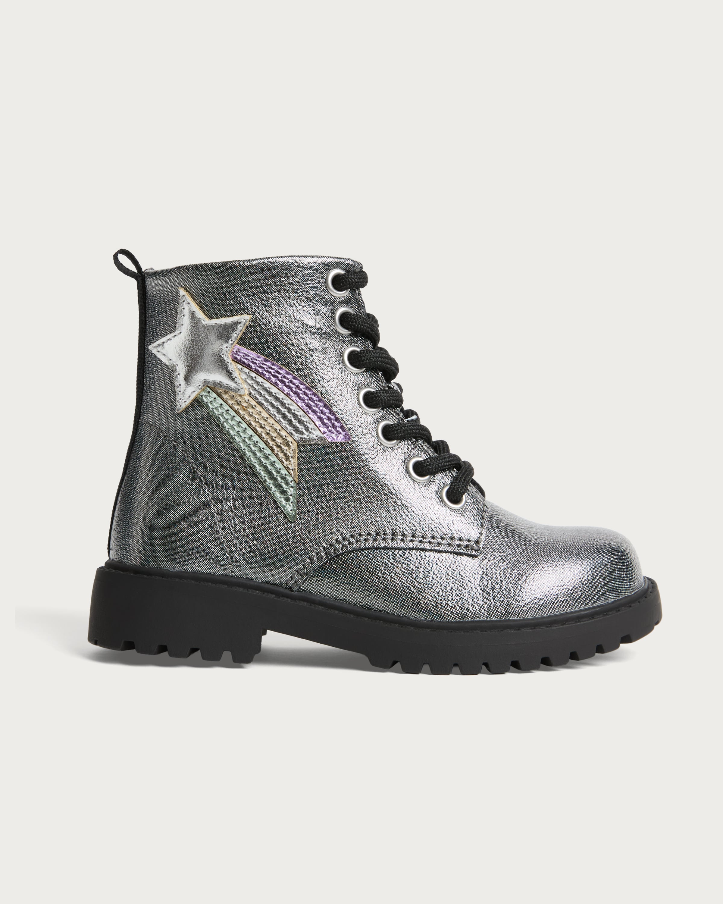F&F Girls Metallic Lace Up Ankle Boots in Grey