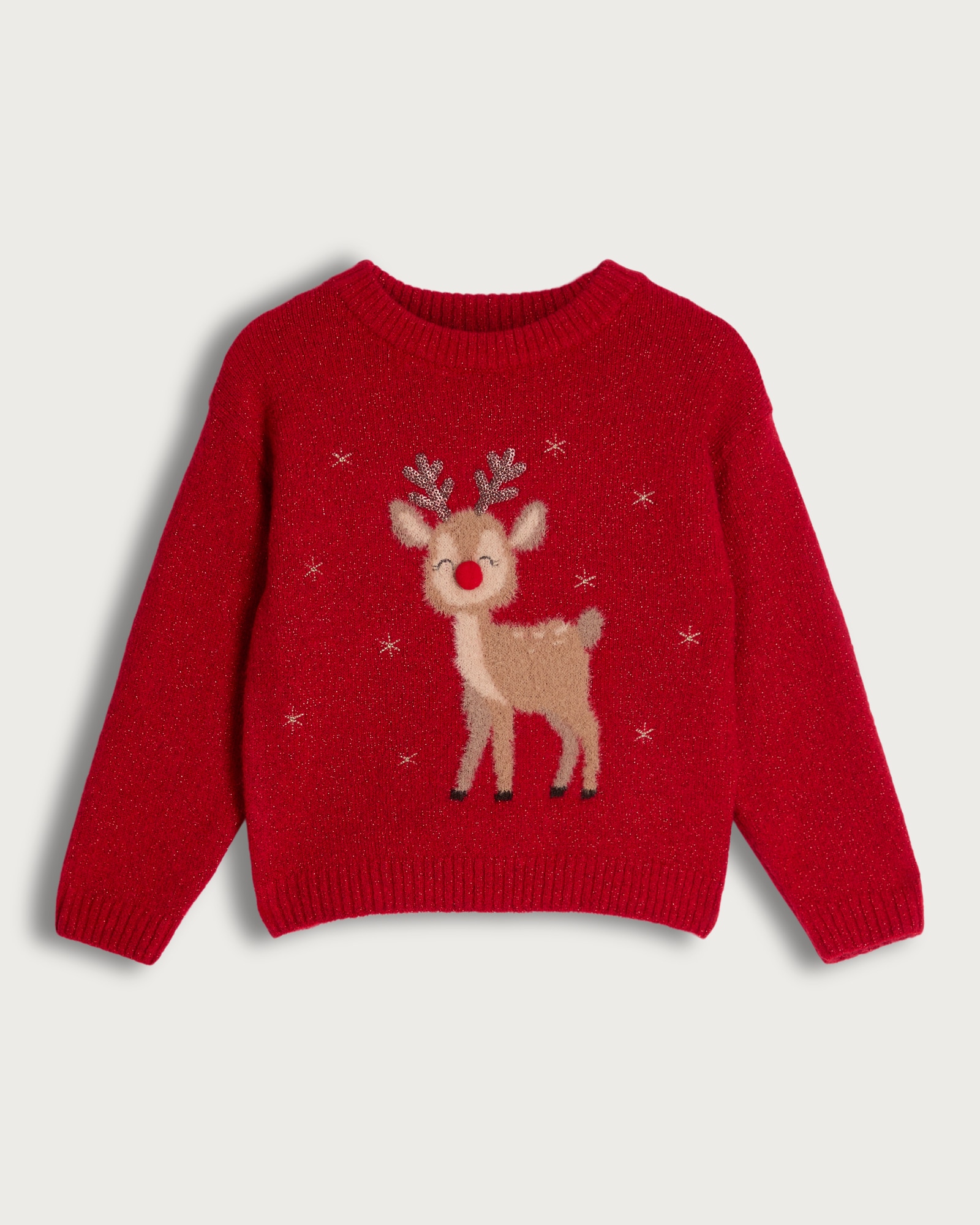 F&F Girls Knitted Reindeer Christmas Print Jumper in Red thumbnail 4
