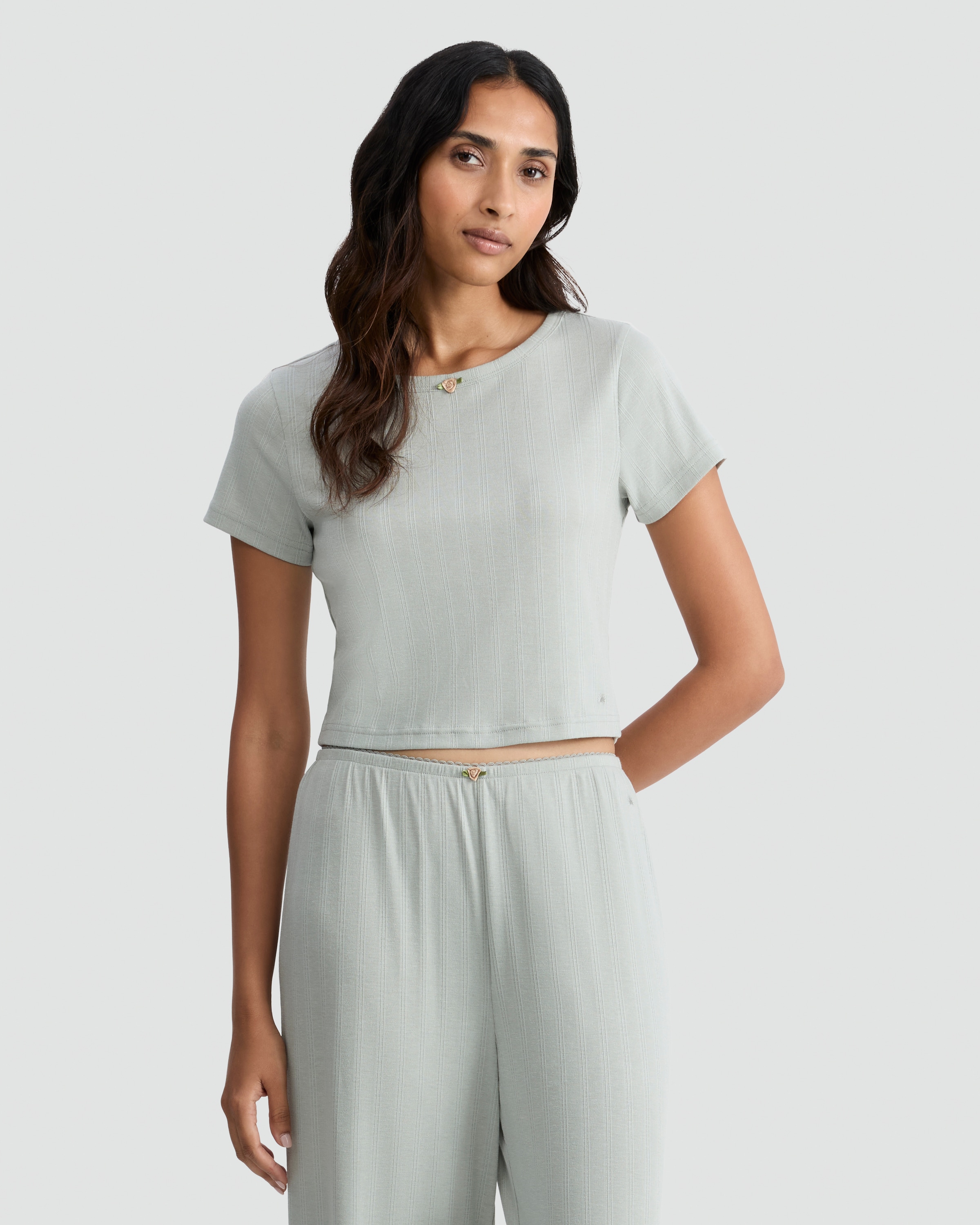 Rise by Zara McDermott Pointelle Short Sleeved Pyjama Top in Green thumbnail 2