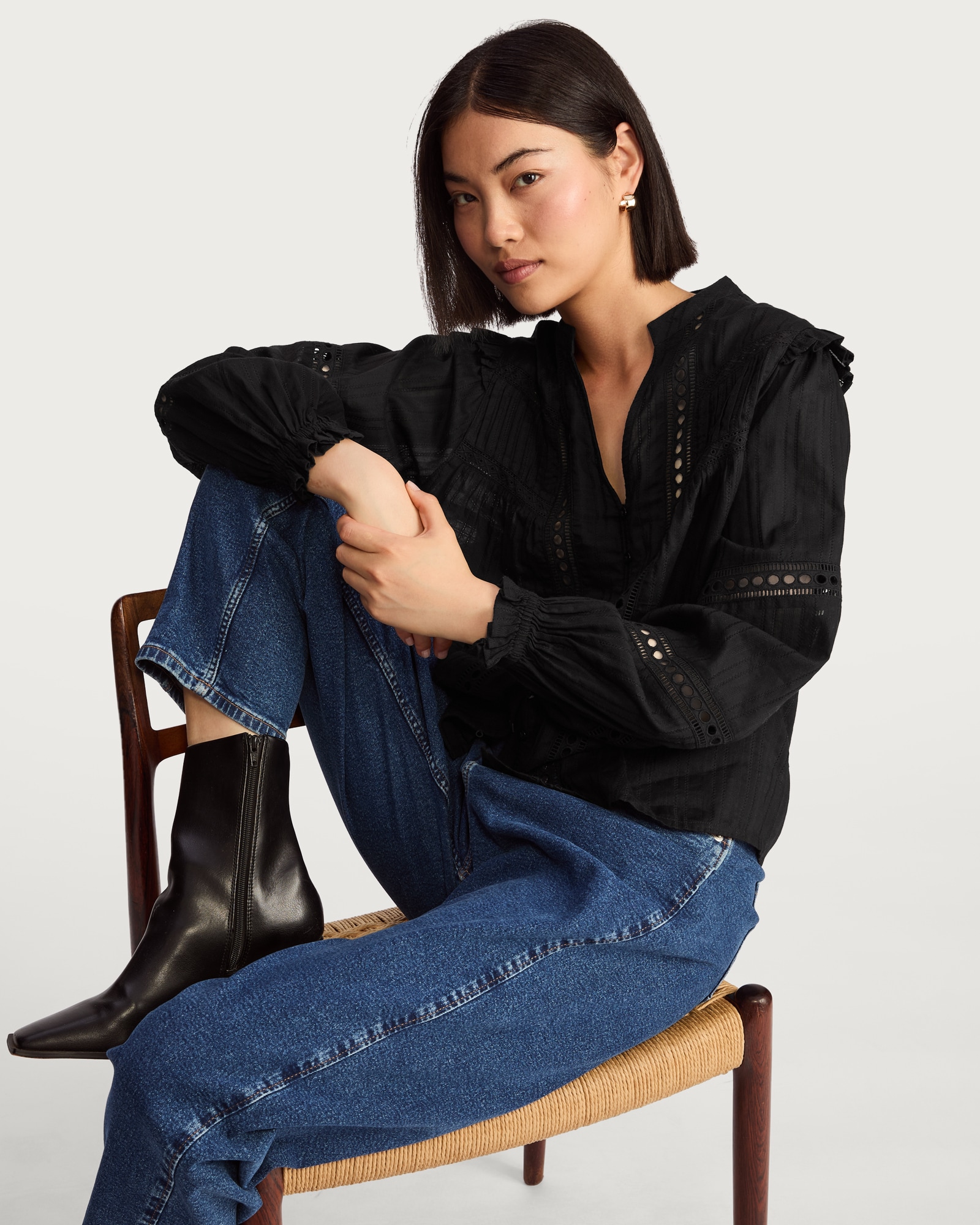 F&F Pure Cotton Frill Sleeve Button Up Blouse in Black