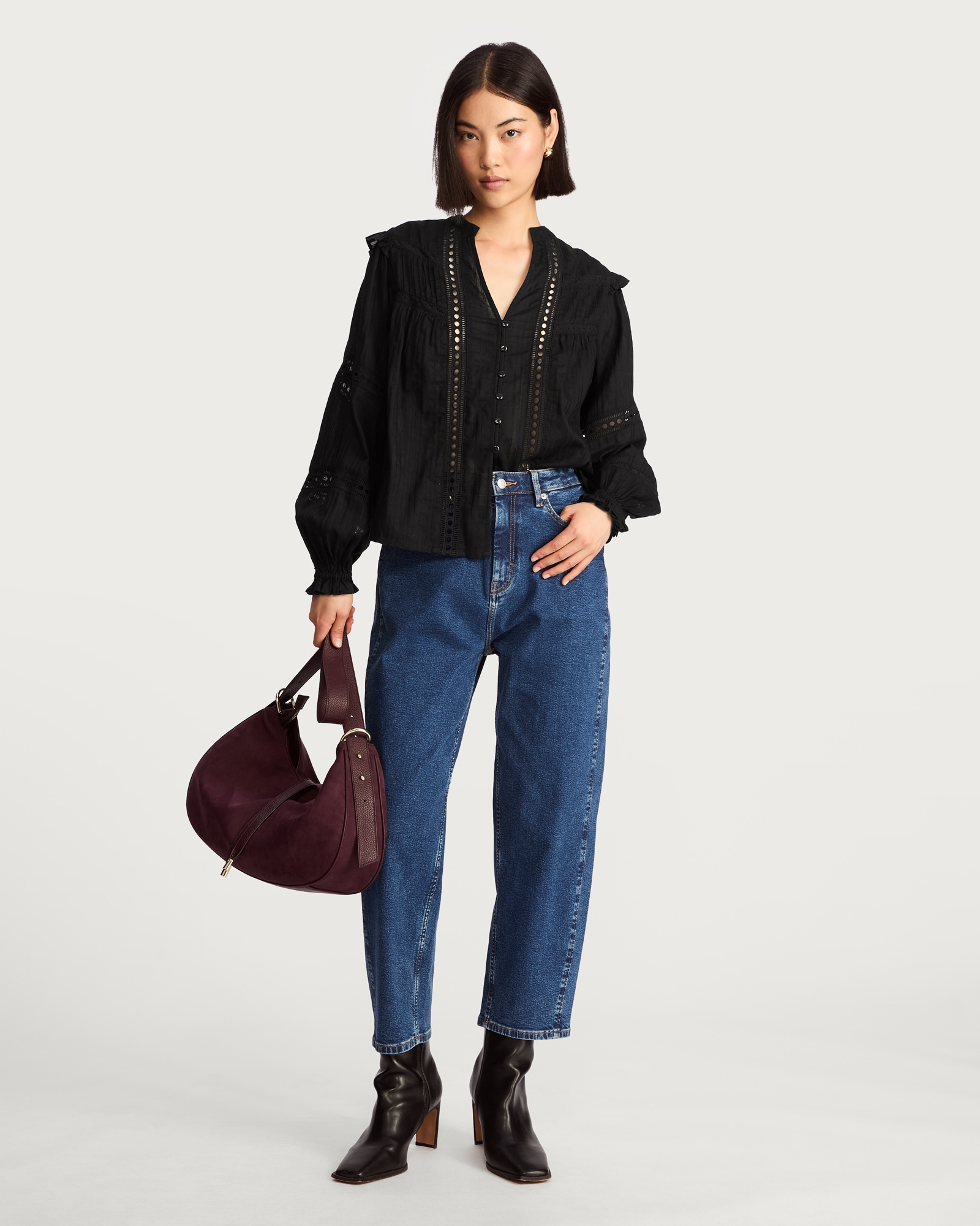 F&F Pure Cotton Frill Sleeve Button Up Blouse in Black thumbnail 2