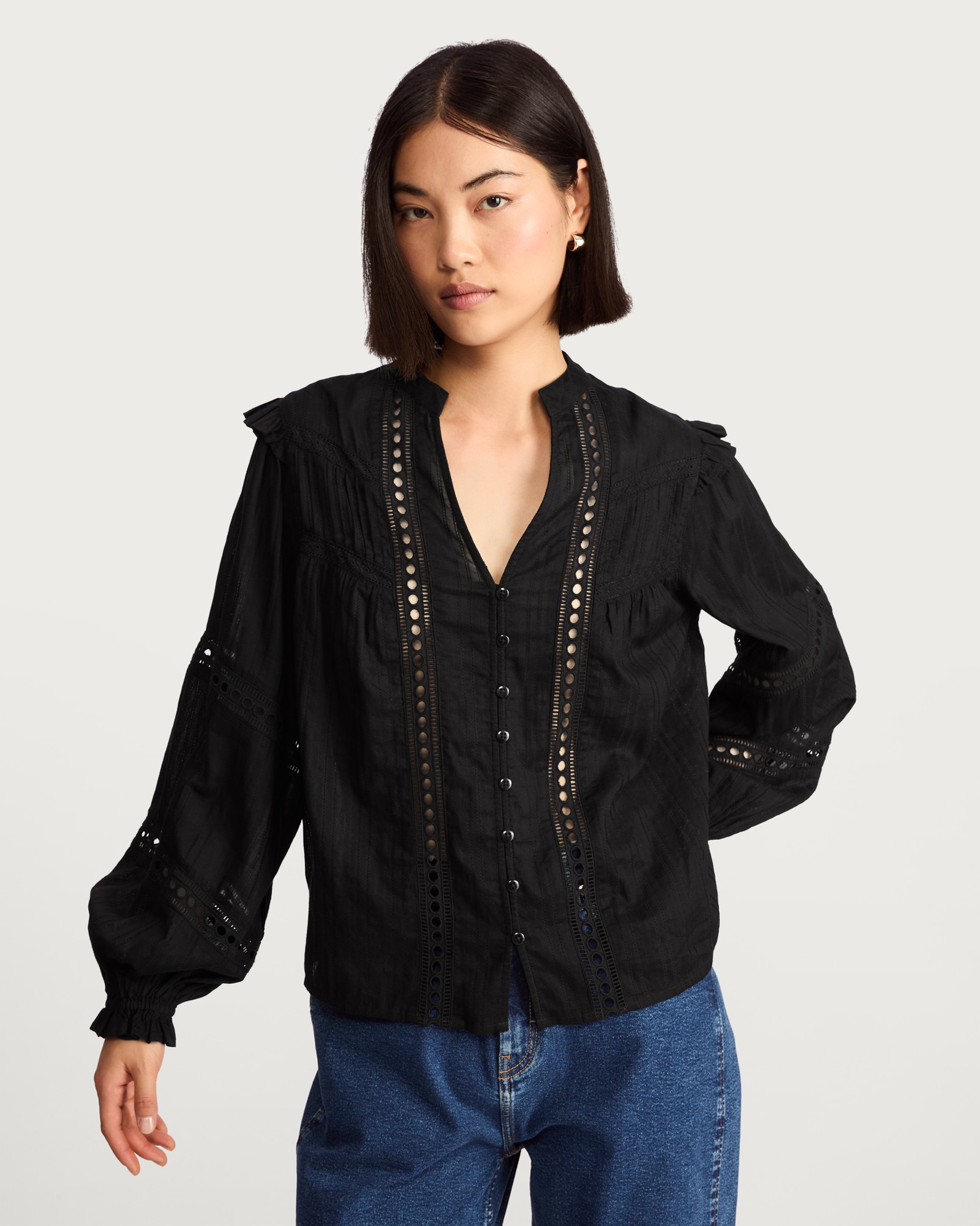 F&F Pure Cotton Frill Sleeve Button Up Blouse in Black thumbnail 3