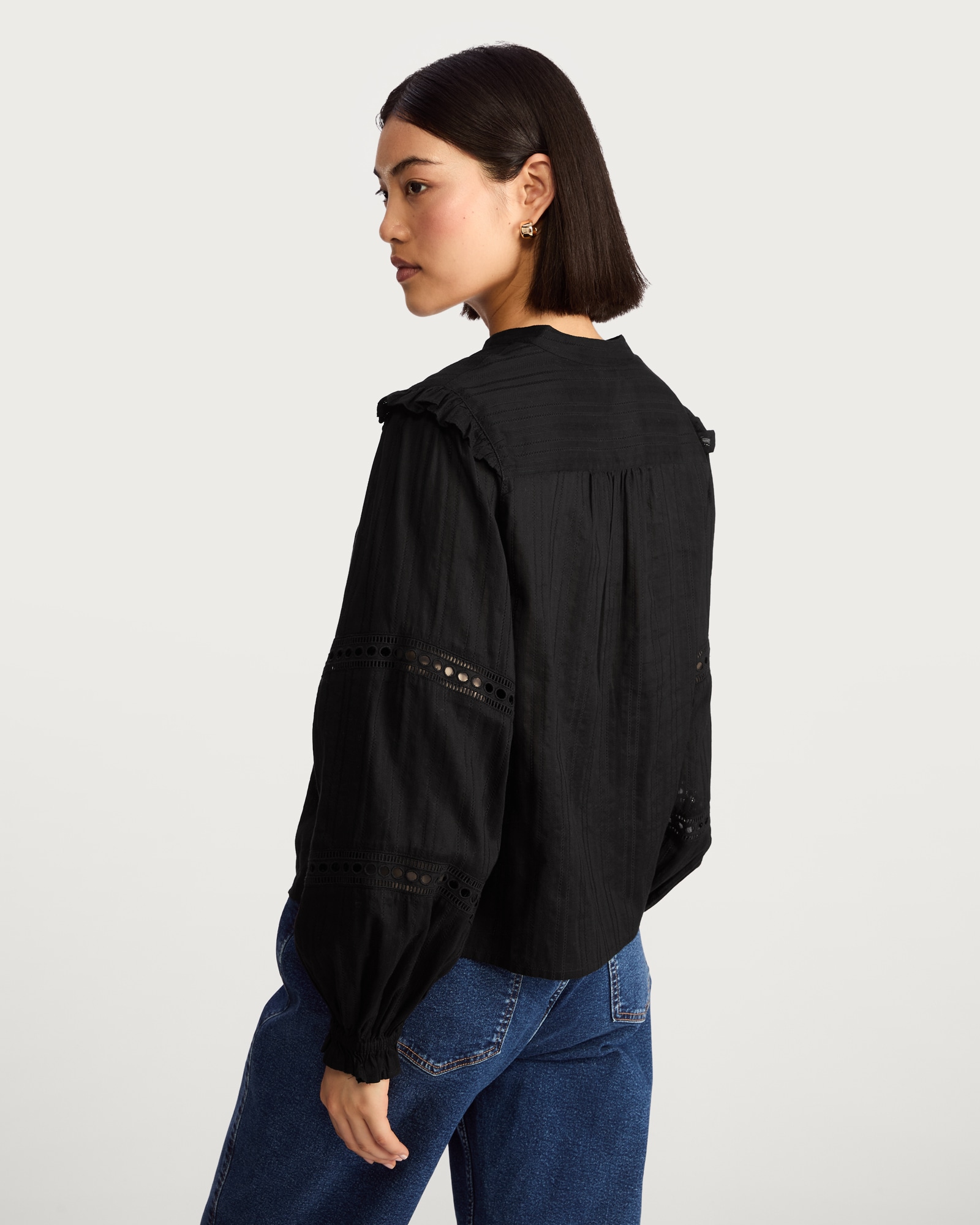 F&F Pure Cotton Frill Sleeve Button Up Blouse in Black thumbnail 4