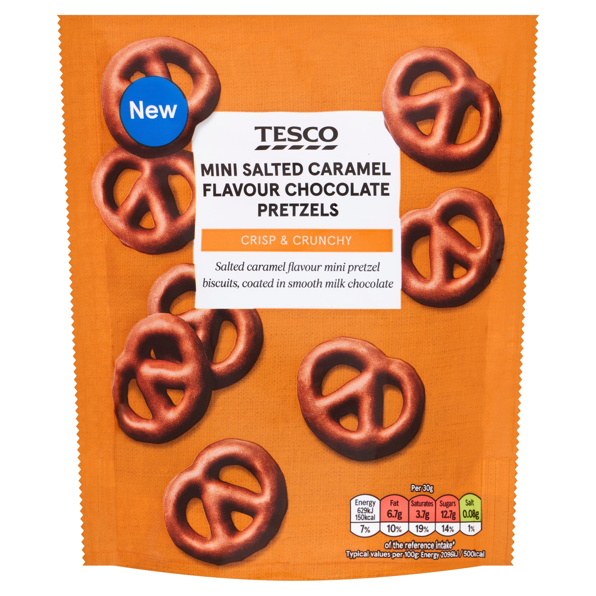 Tesco Mini Salted Caramel Flavour Chocolate Pretzels Biscuits 90g Pouch