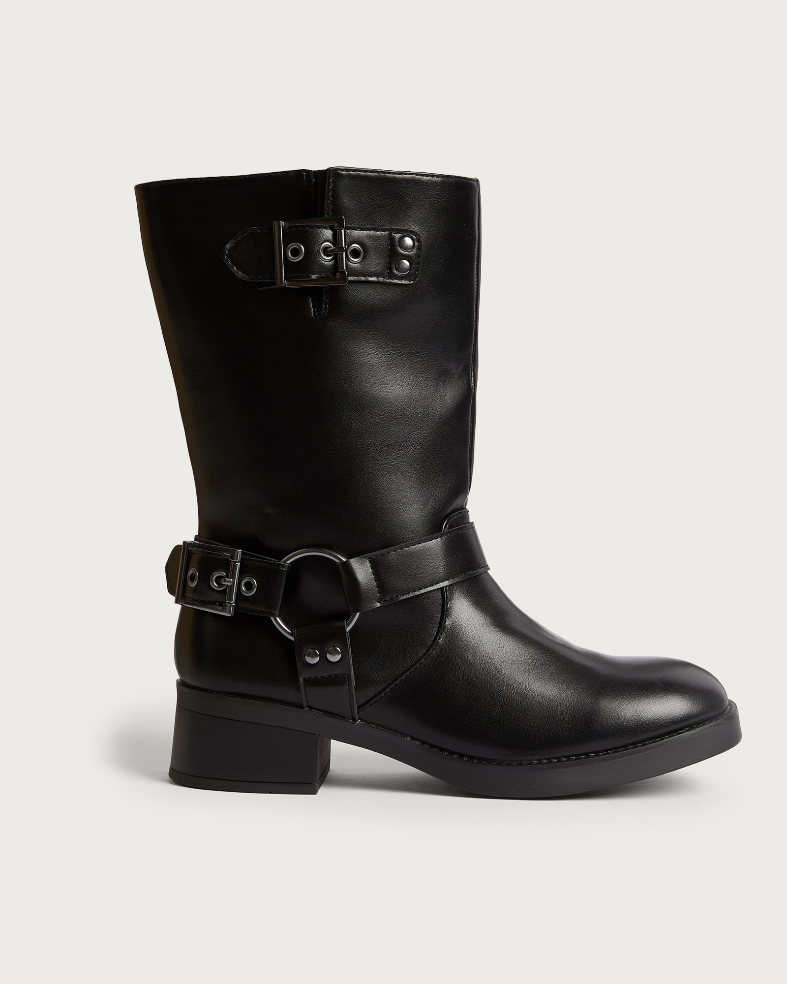 F&F Faux Leather Biker Buckle Boots in Black