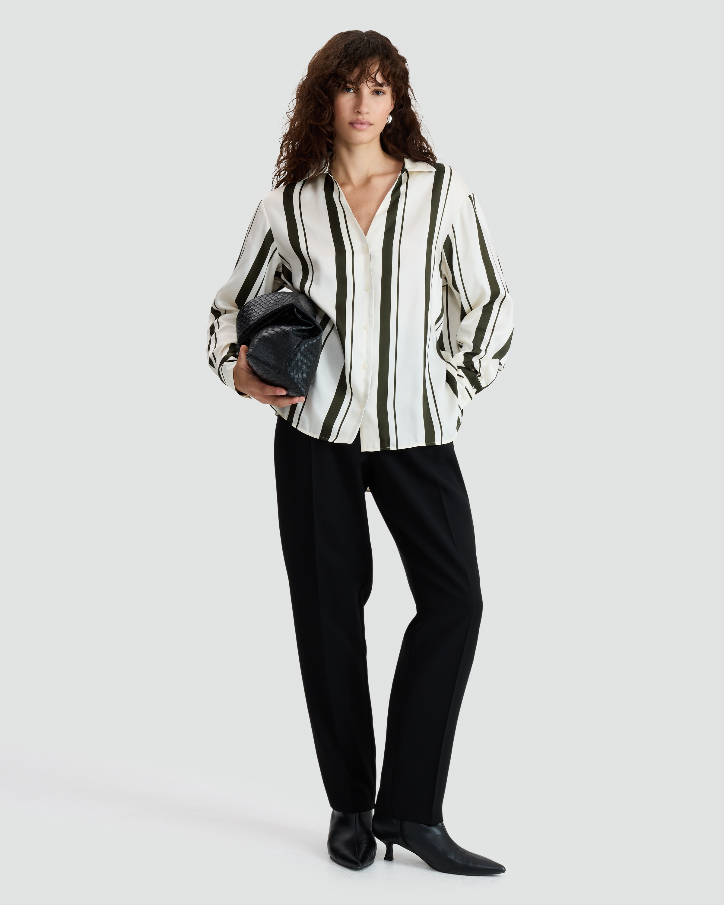 F&F Satin Striped Button Up Shirt in Khaki