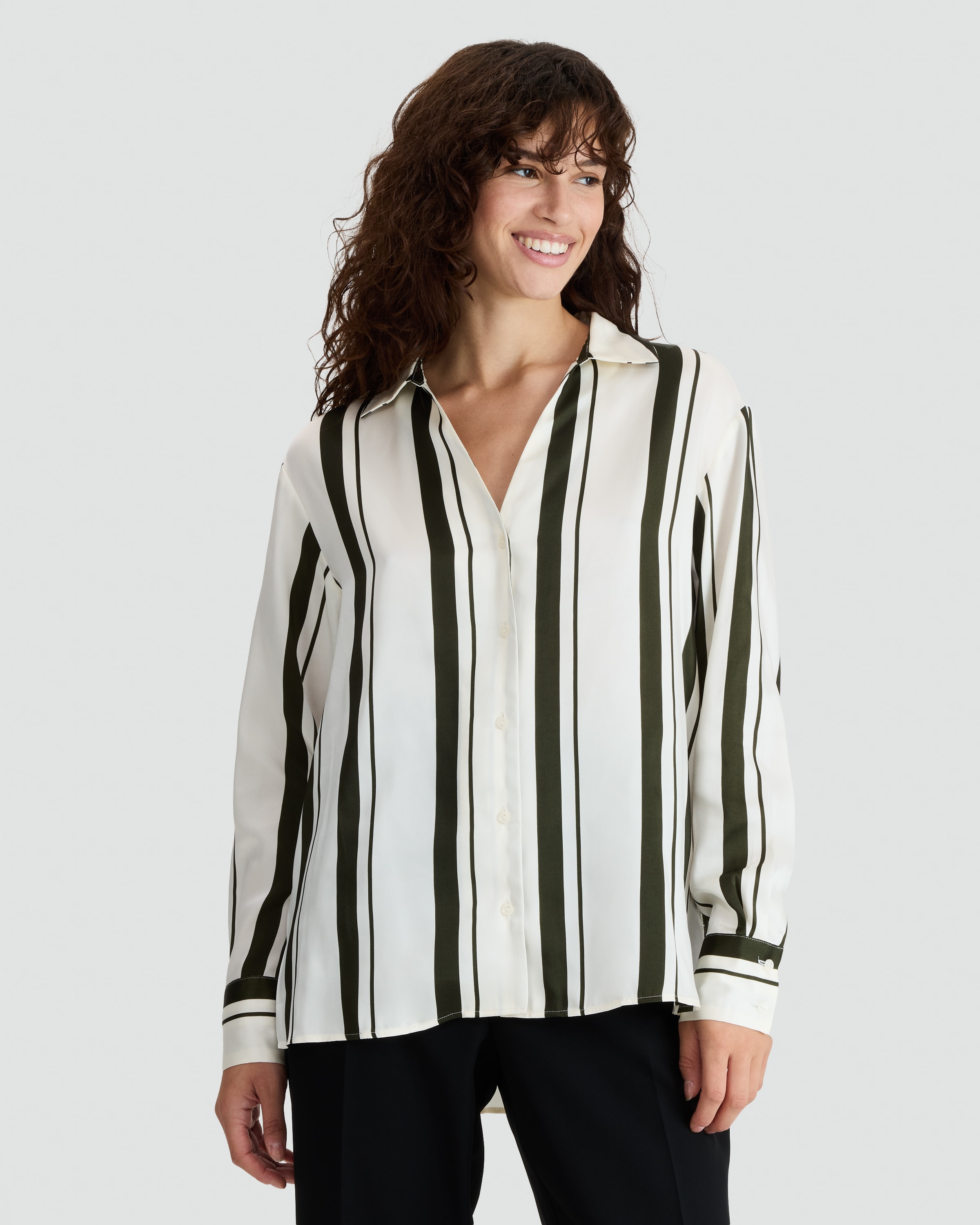 F&F Satin Striped Button Up Shirt in Khaki thumbnail 2