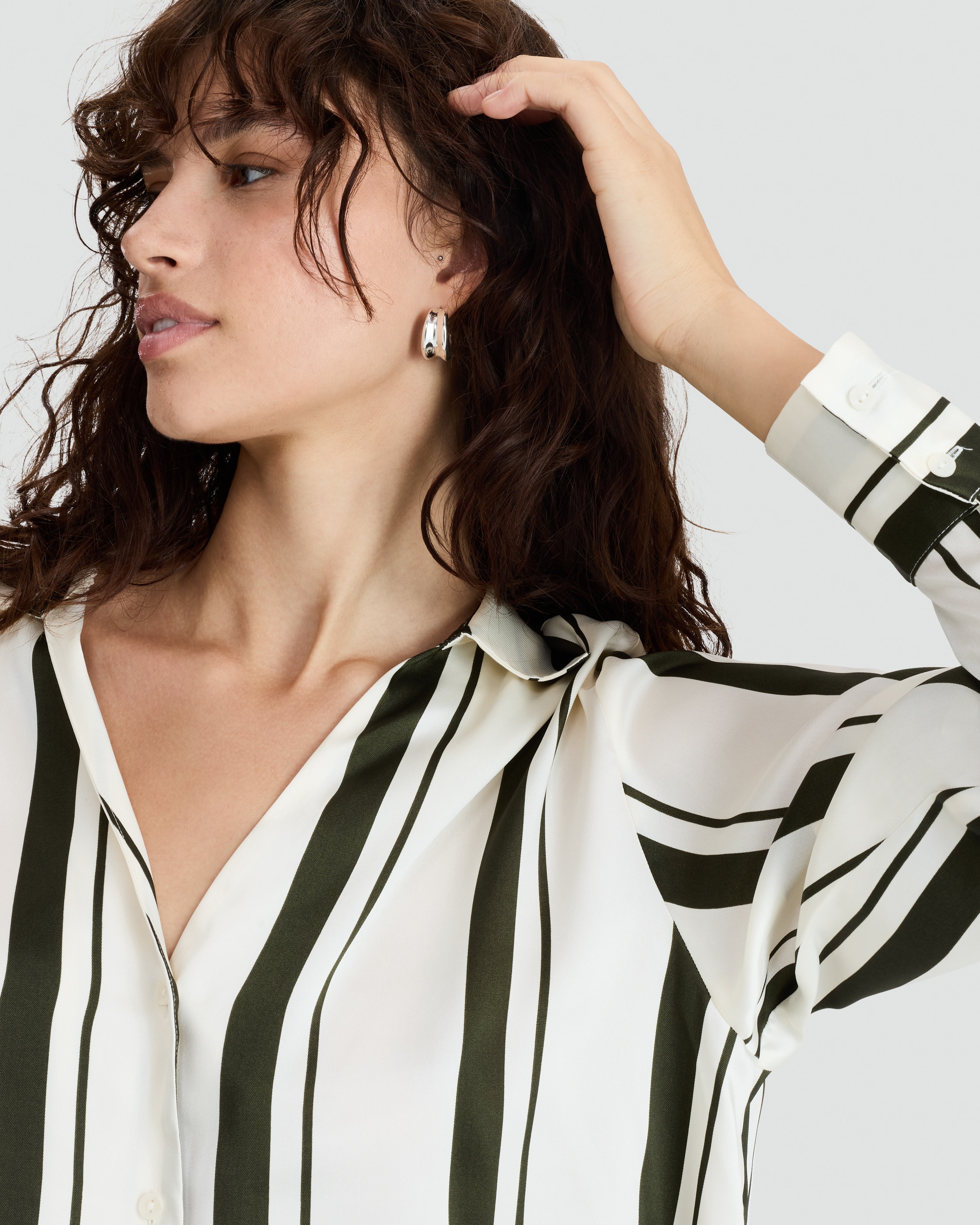 F&F Satin Striped Button Up Shirt in Khaki thumbnail 3