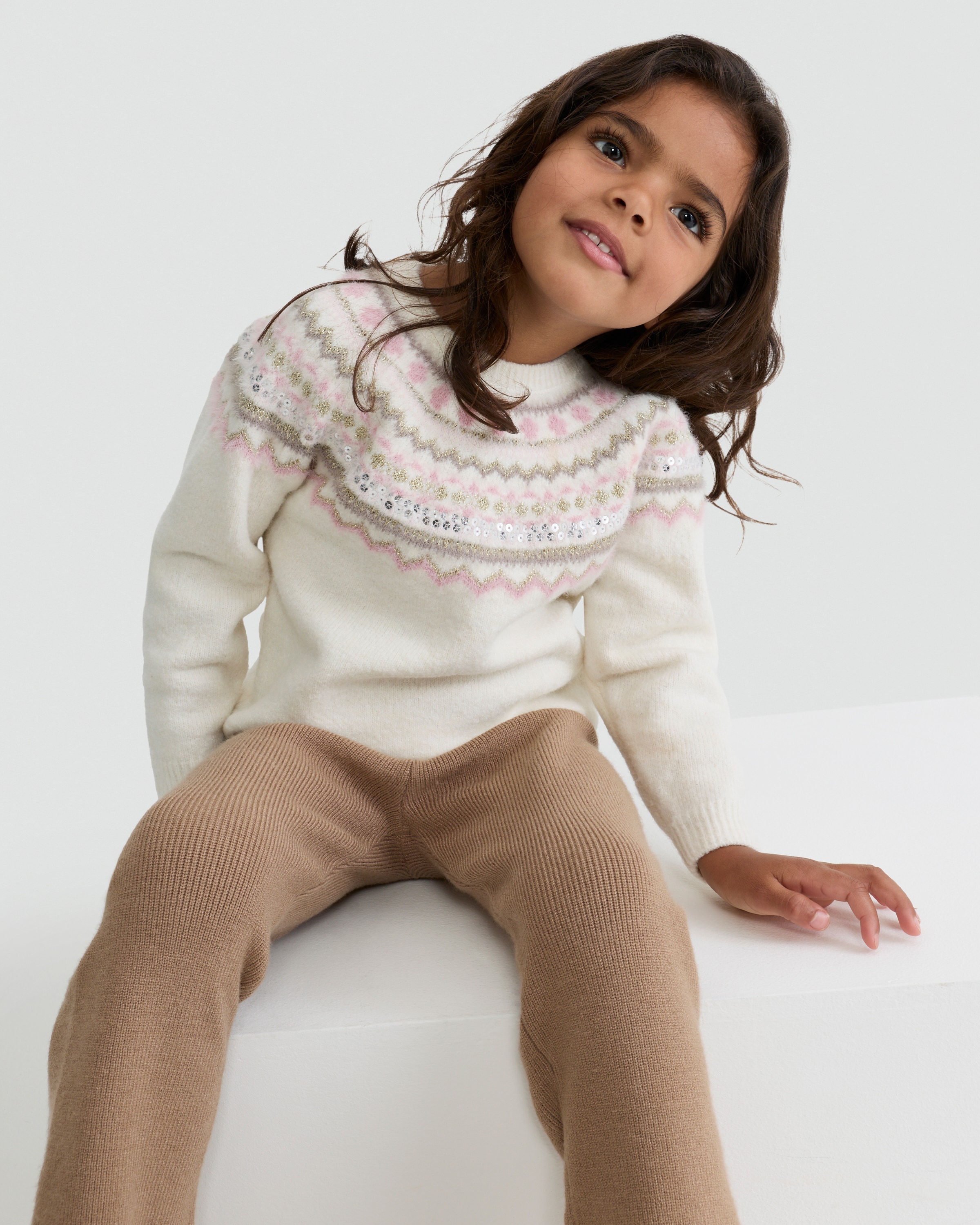 F&F Girls Knitted Fair Isle Sequin Jumper in Cream