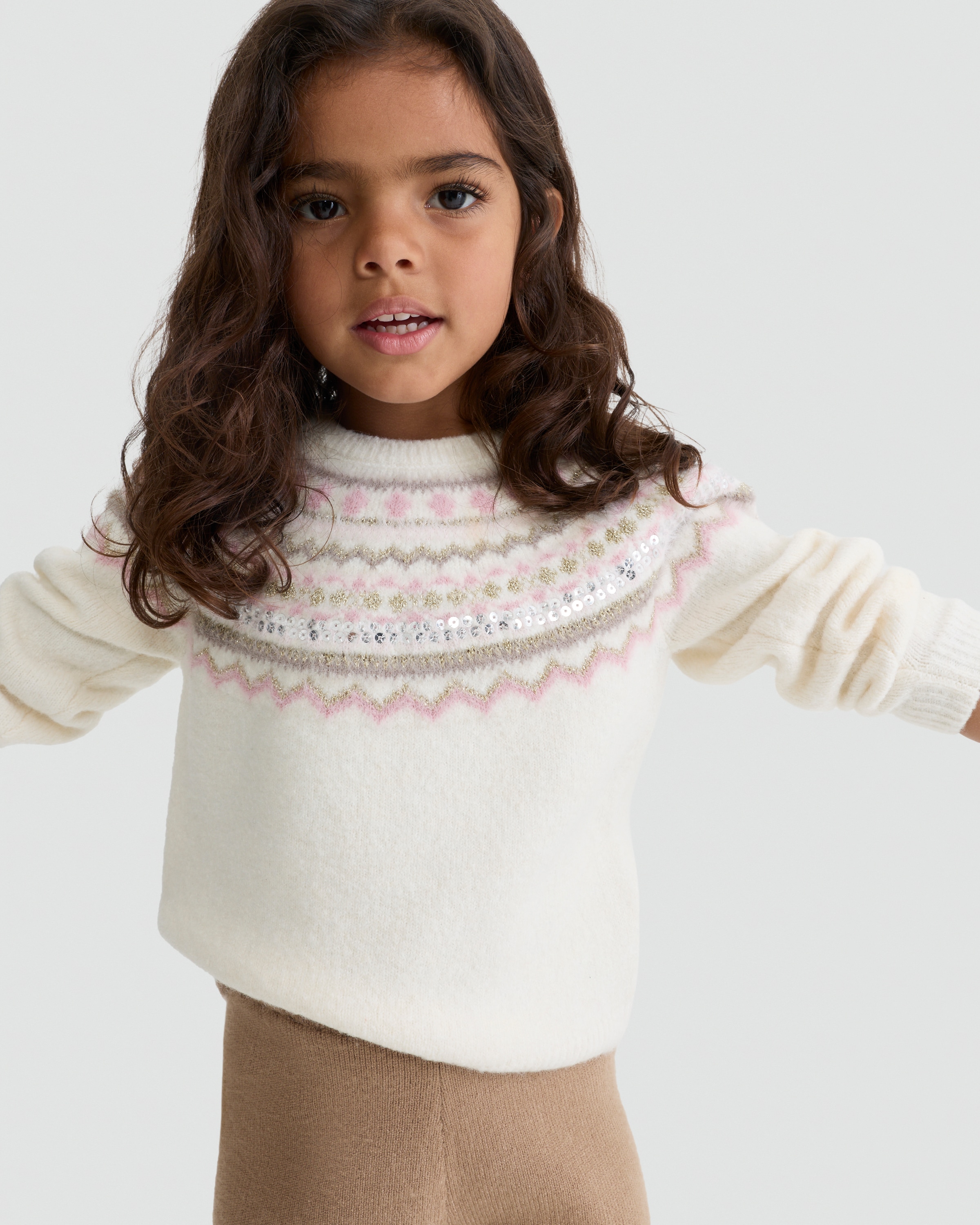 F&F Girls Knitted Fair Isle Sequin Jumper in Cream thumbnail 2