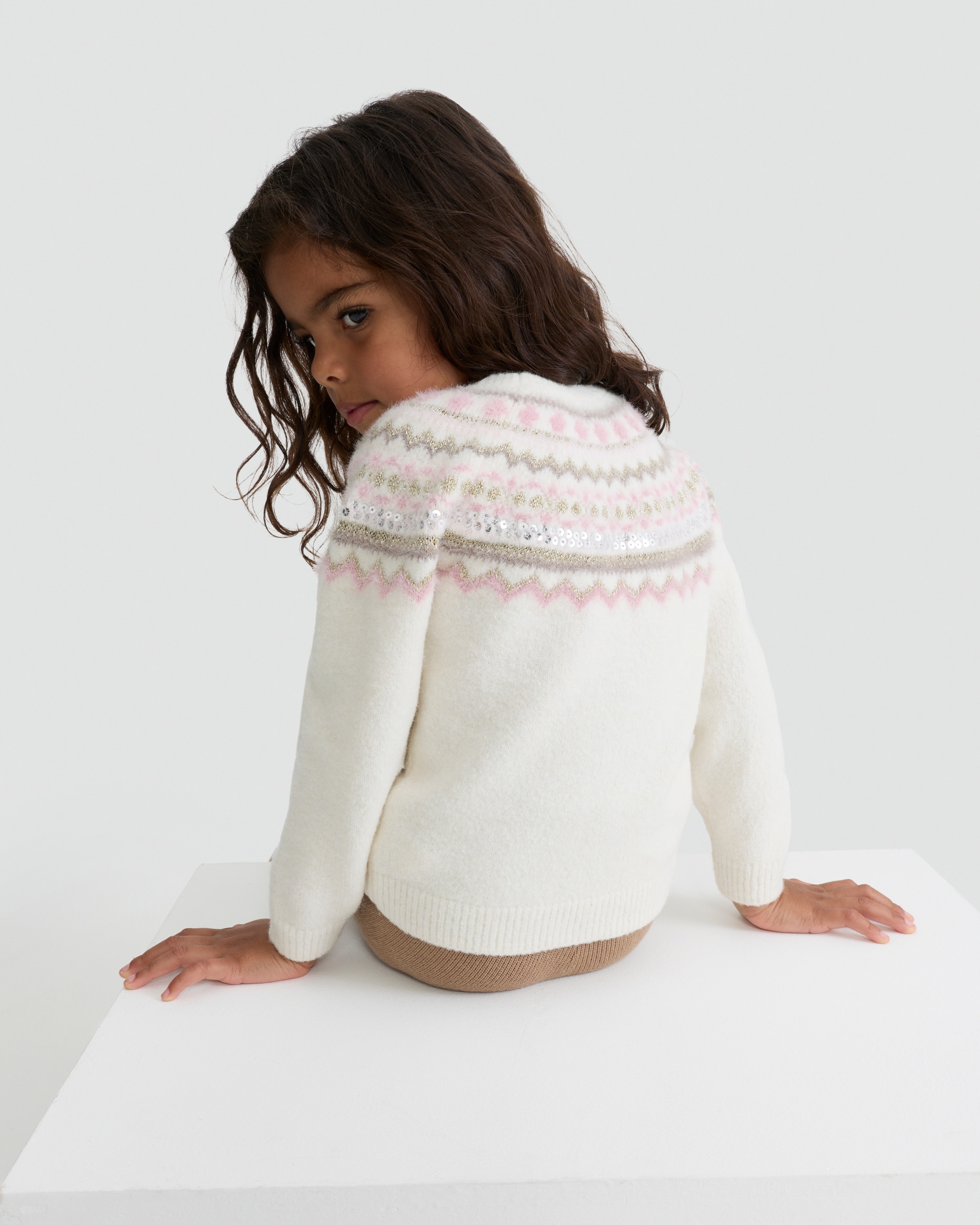 F&F Girls Knitted Fair Isle Sequin Jumper in Cream thumbnail 3