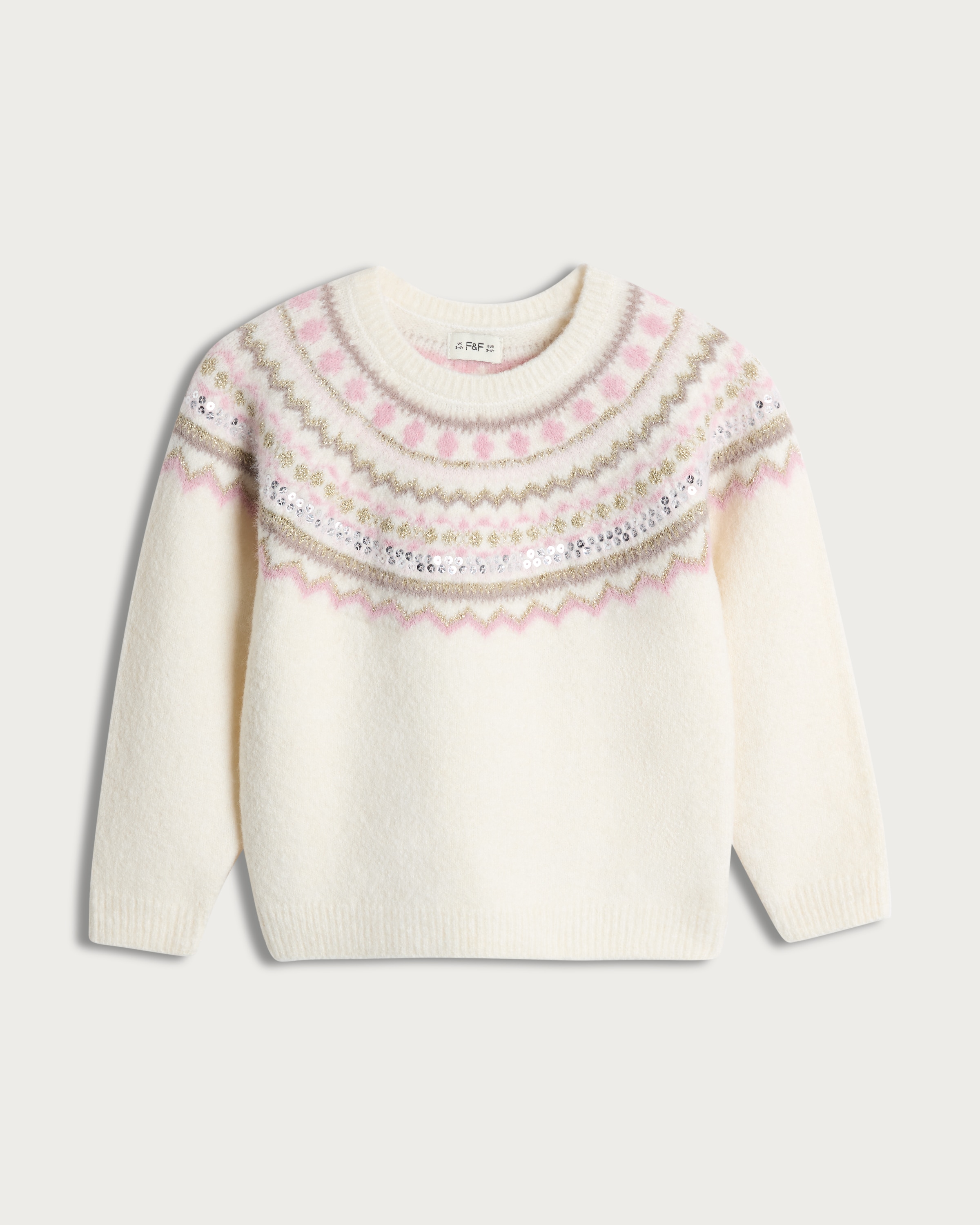 F&F Girls Knitted Fair Isle Sequin Jumper in Cream thumbnail 4