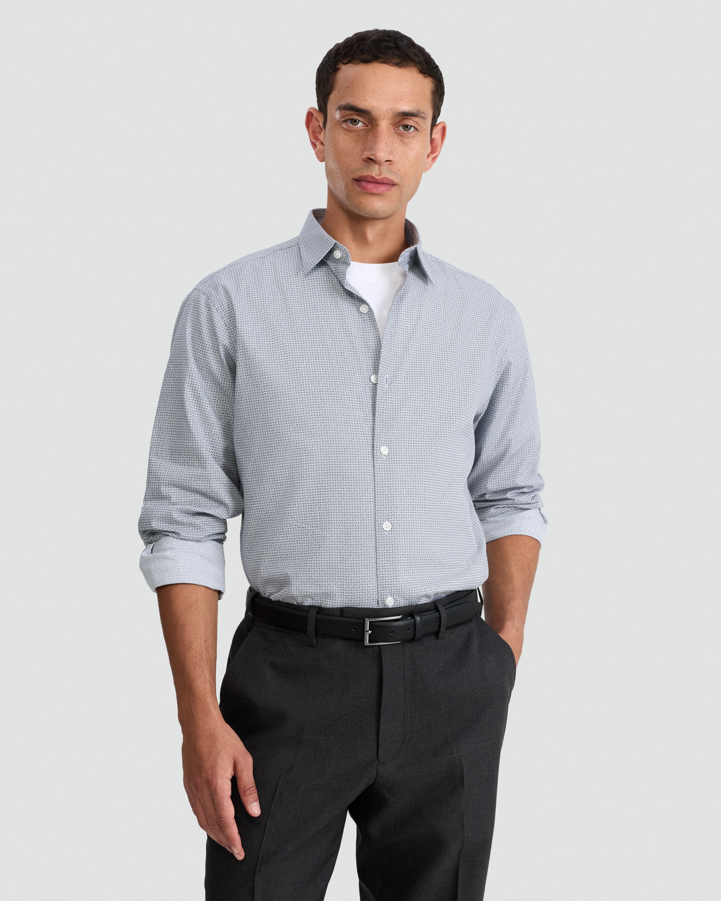 F&F Regular Fit Geometric Print Long Sleeved Formal Shirt in Grey