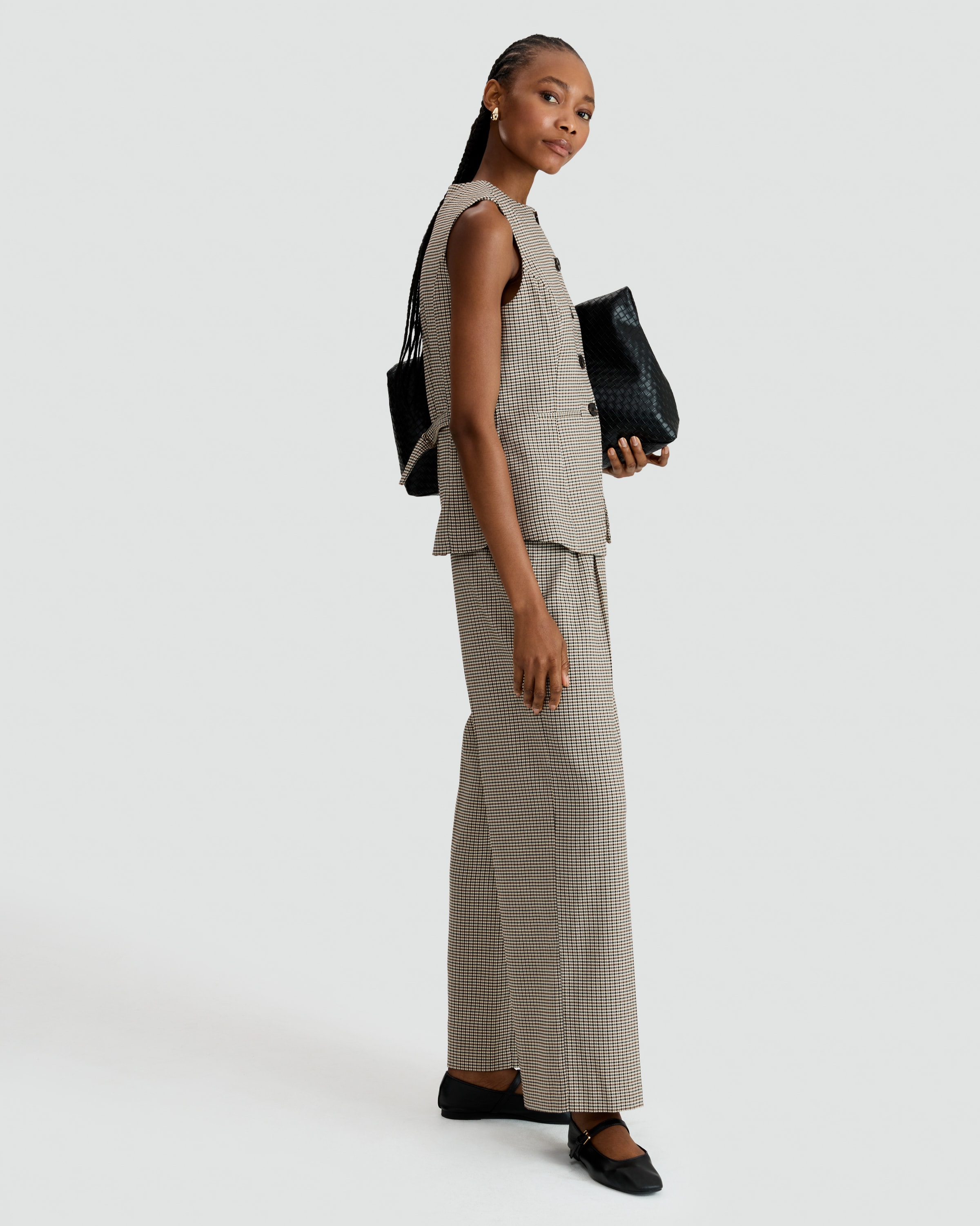 The F&F Edit Double Pleat Check Wide Leg Trousers in Brown